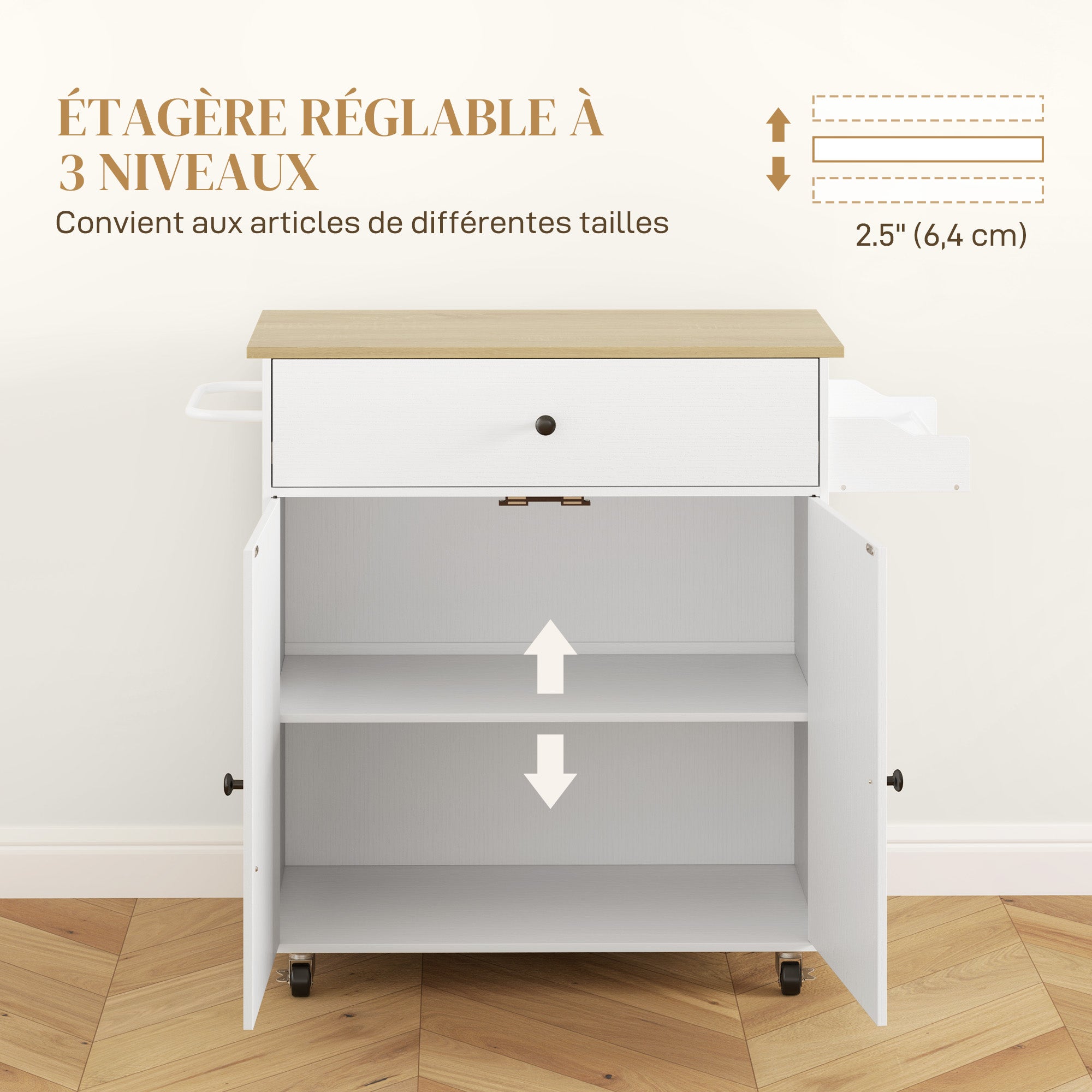 Desserte de cuisine sur roulettes, Îlot central cuisine avec tiroir, étagère réglable, placard à double porte, support à épices et porte-serviette, 106 x 42 x 87 cm, blanc