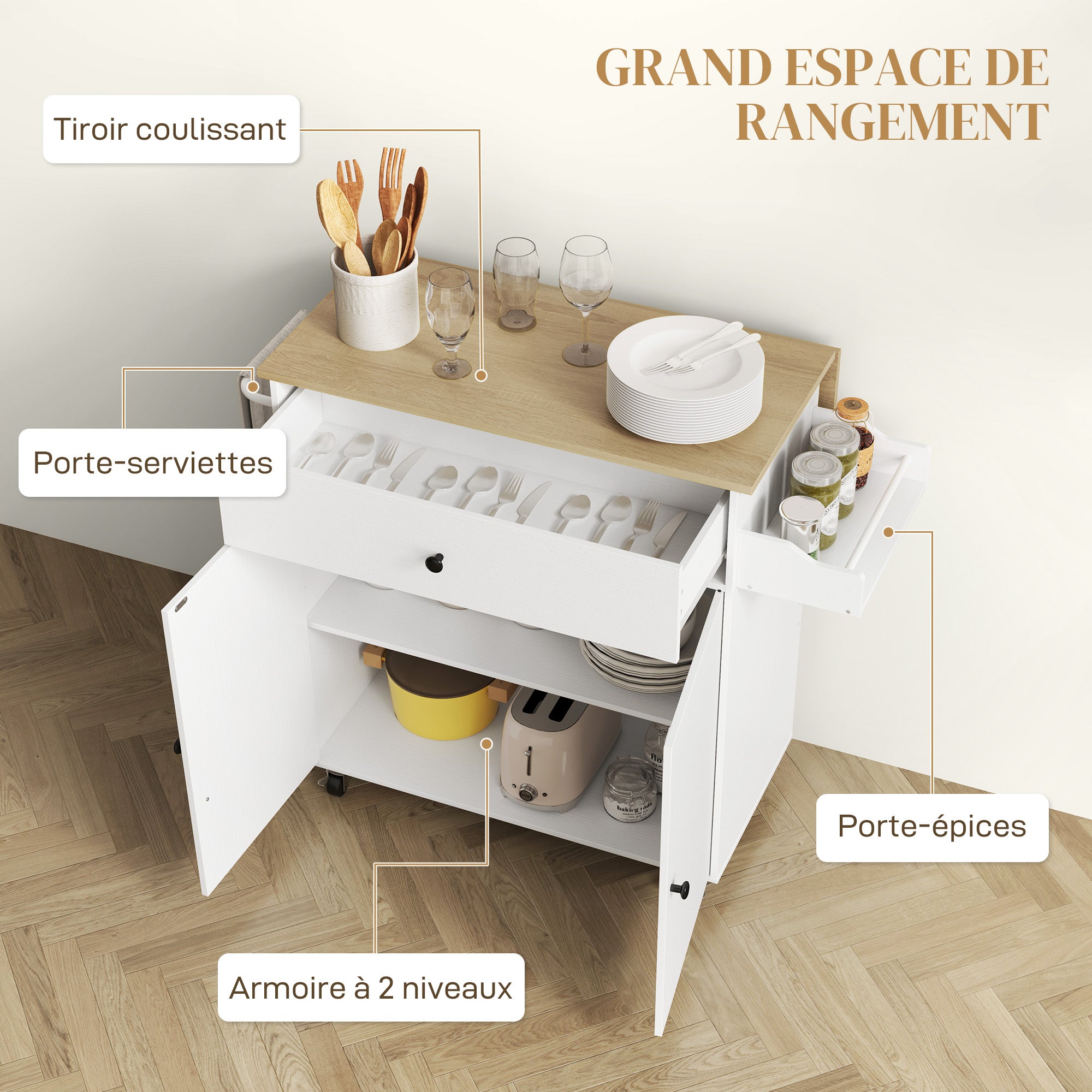 Desserte de cuisine sur roulettes, Îlot central cuisine avec tiroir, étagère réglable, placard à double porte, support à épices et porte-serviette, 106 x 42 x 87 cm, blanc
