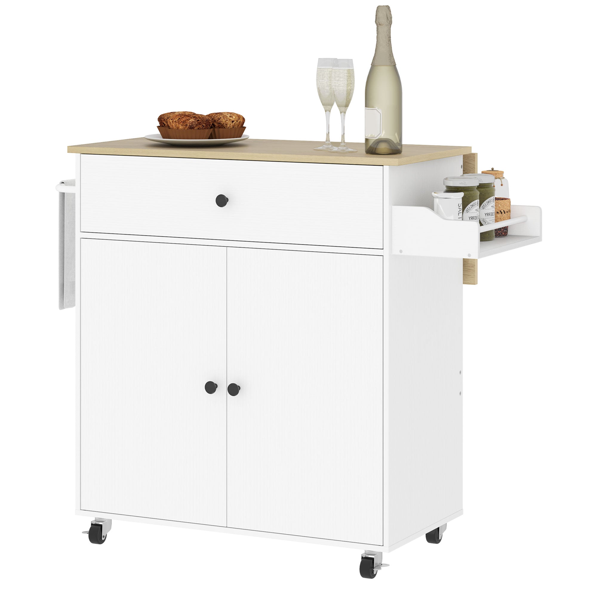 Desserte de cuisine sur roulettes, Îlot central cuisine avec tiroir, étagère réglable, placard à double porte, support à épices et porte-serviette, 106 x 42 x 87 cm, blanc