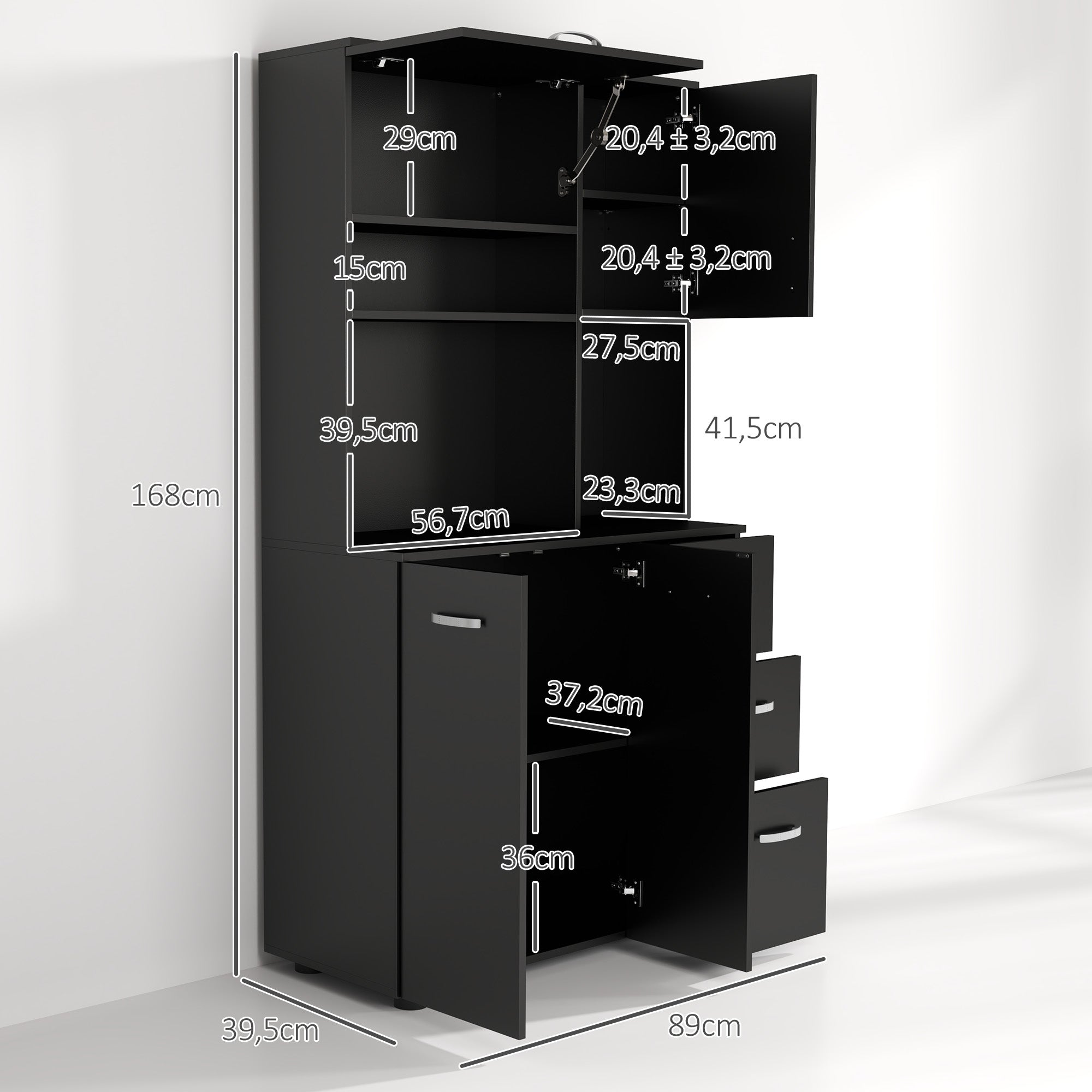 Armoire de cuisine multi-rangements 4 portes 3 tiroirs étagère + grand plateau 89L x 39,5l x 168H cm noir