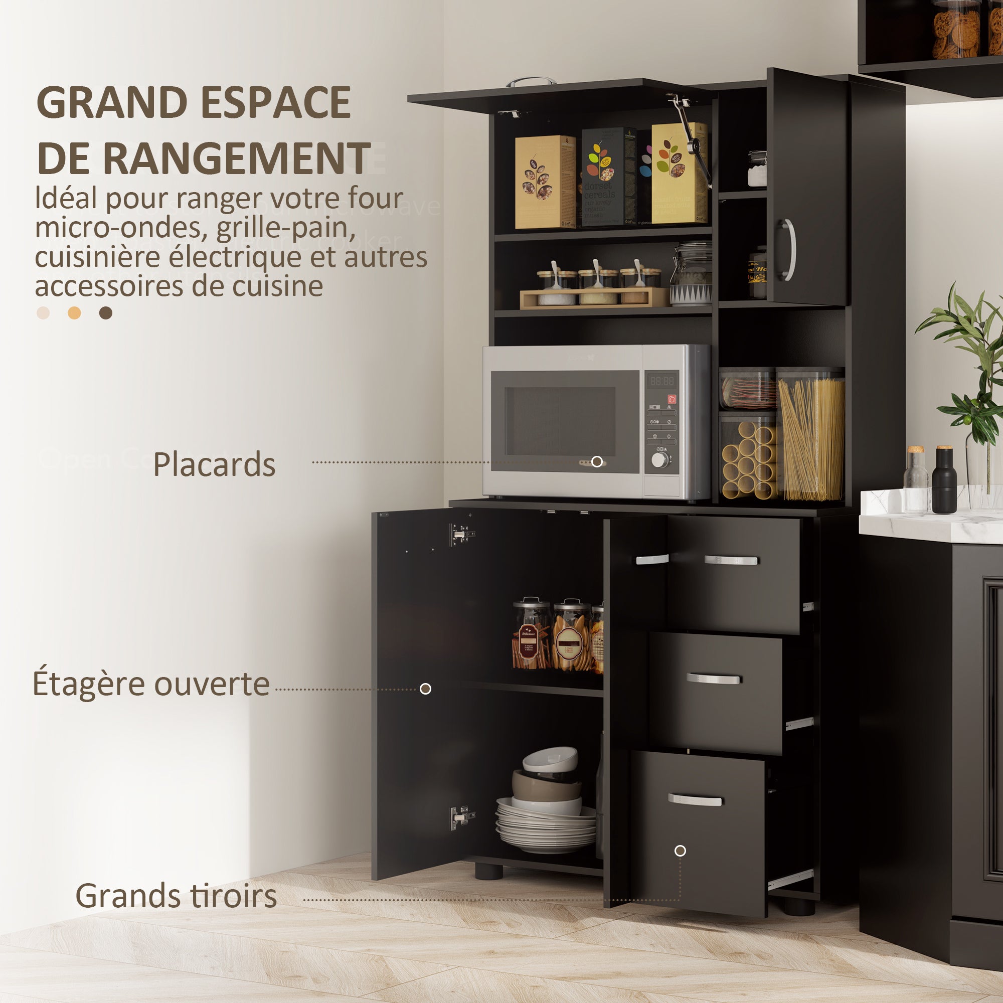 Armoire de cuisine multi-rangements 4 portes 3 tiroirs étagère + grand plateau 89L x 39,5l x 168H cm noir