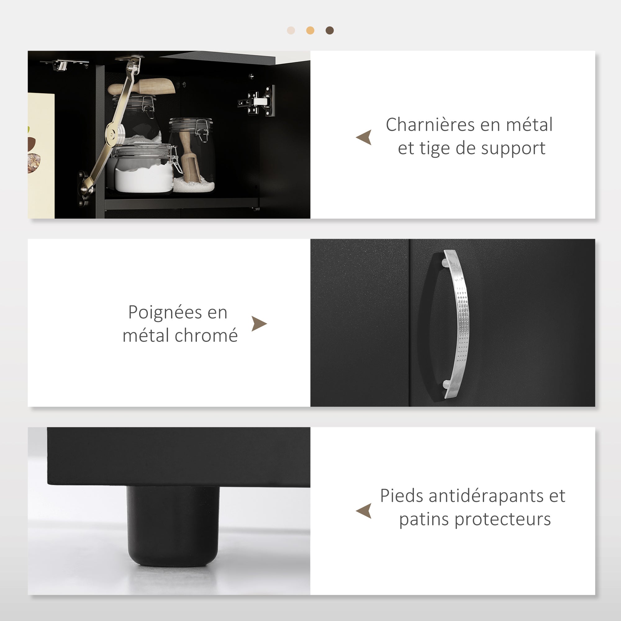 Armoire de cuisine multi-rangements 4 portes 3 tiroirs étagère + grand plateau 89L x 39,5l x 168H cm noir