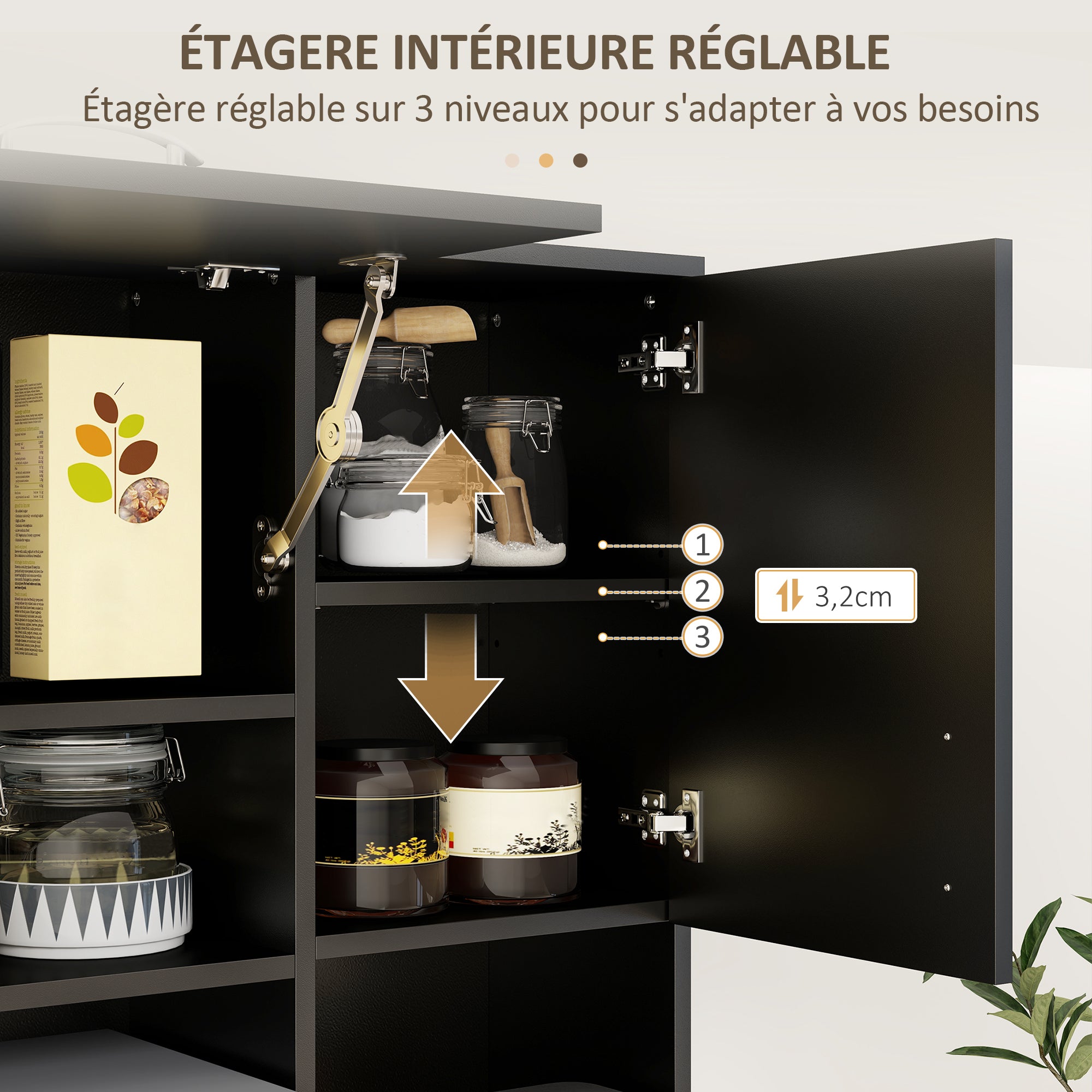 Armoire de cuisine multi-rangements 4 portes 3 tiroirs étagère + grand plateau 89L x 39,5l x 168H cm noir