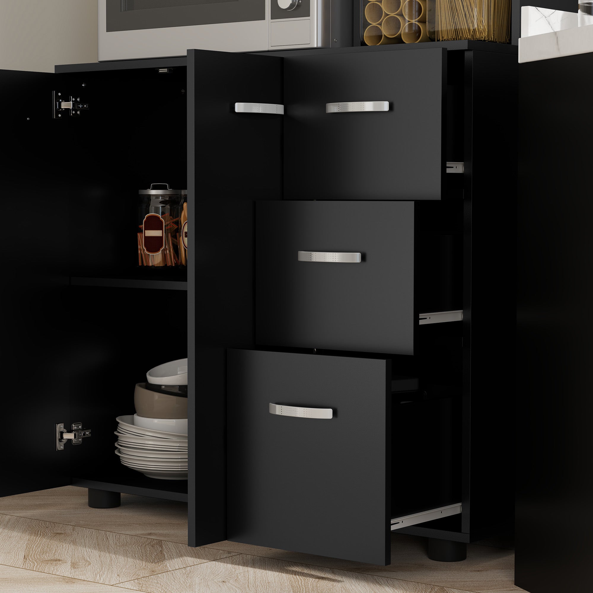 Armoire de cuisine multi-rangements 4 portes 3 tiroirs étagère + grand plateau 89L x 39,5l x 168H cm noir