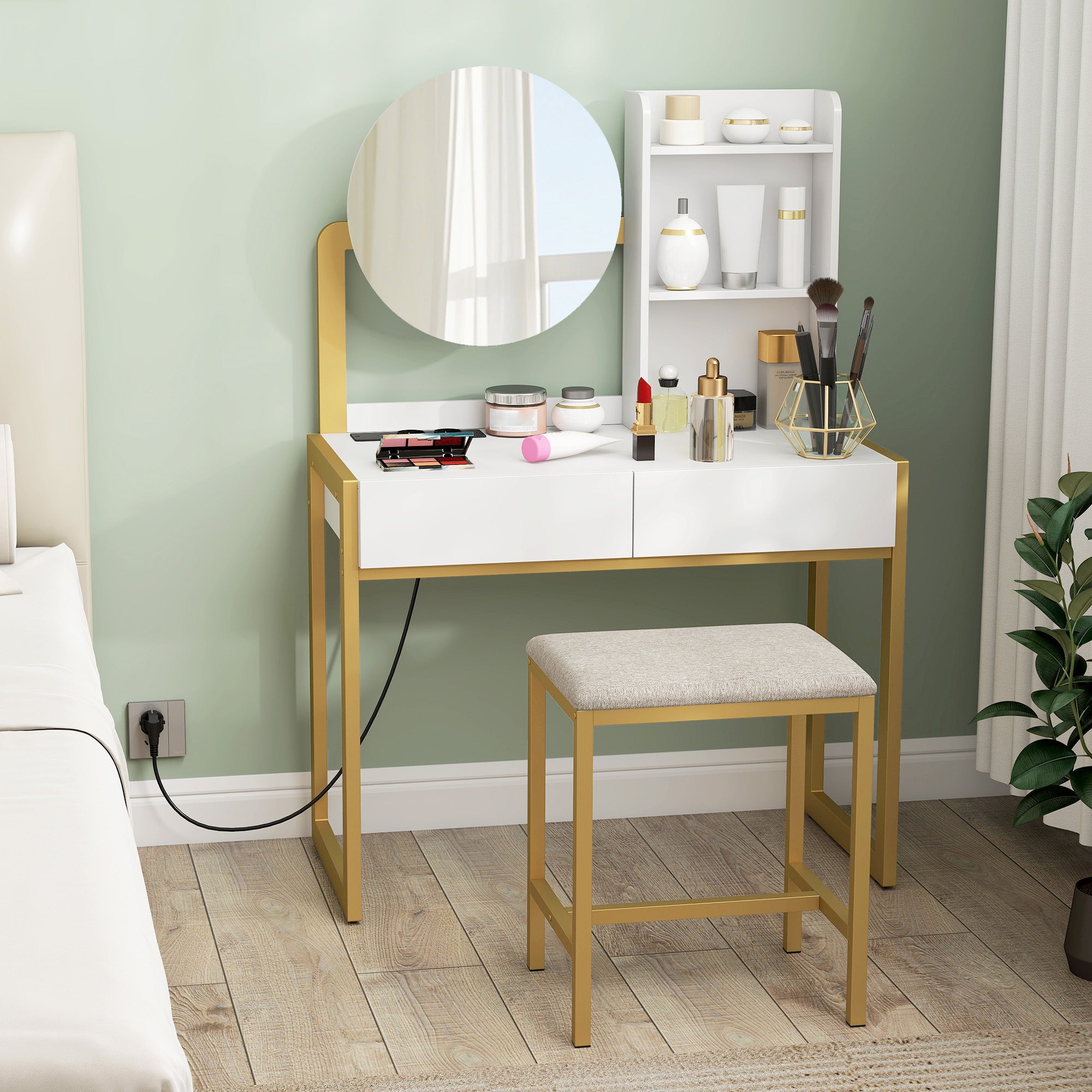 Coiffeuse avec miroir et tabouret, station de charge, table de maquillage avec 2 tiroirs, 3 étagères ouvertes, assise rembourrée, cadre en métal, pour chambre à coucher, blanc