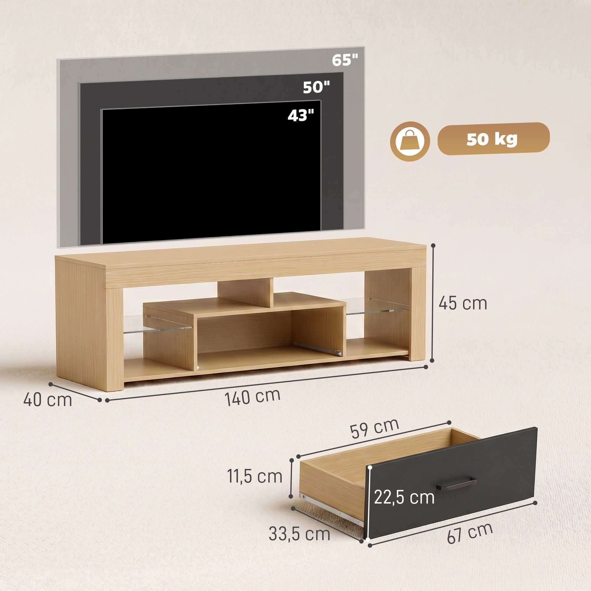 Meuble TV 140 cm, Meuble Télé pour Téléviseur jusqu'à 65 Pouces avec Étagères en Verre Réglables, Tiroir et Compartiments Ouverts, Banc TV Moderne pour Salon, Chambre à Coucher, Chêne