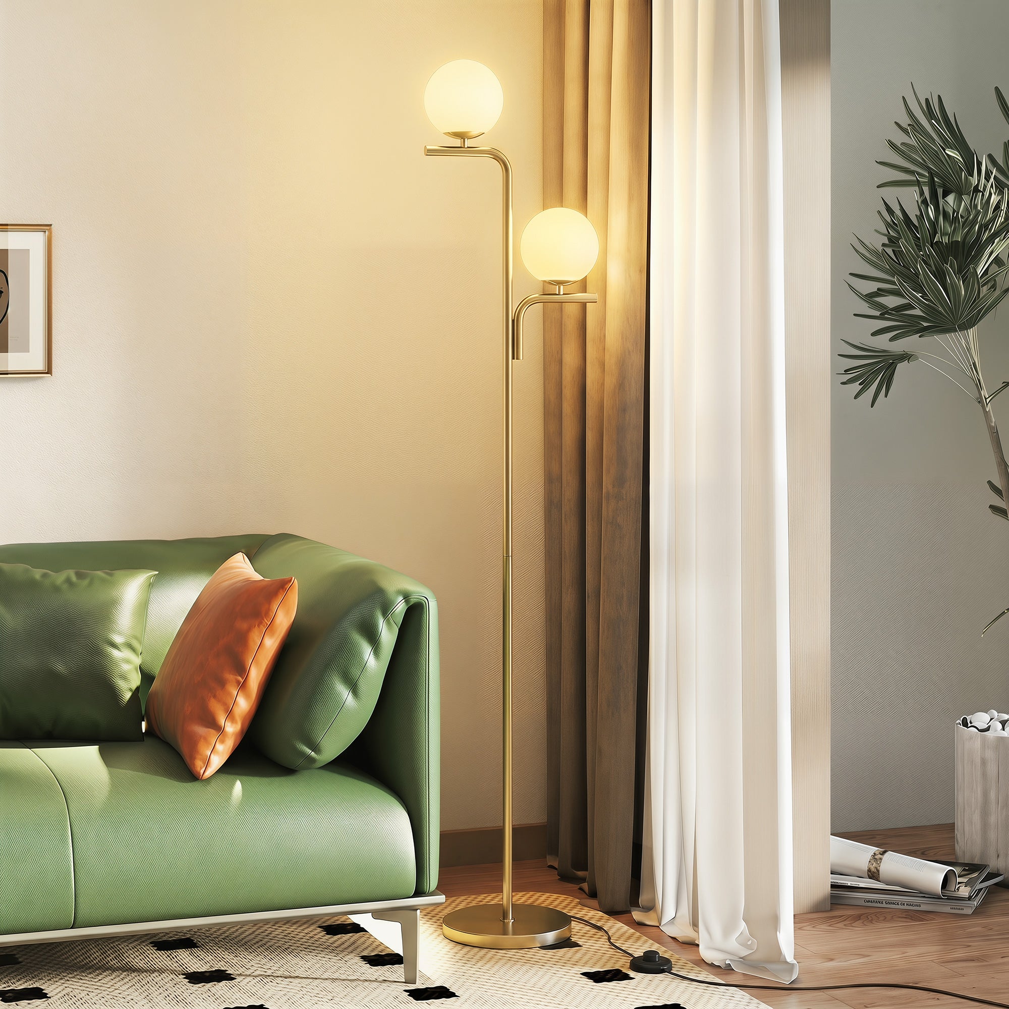 Lampadaire sur Pied Salon à Double Tête, Lampe sur Pied Moderne avec Abat-Jour en Verre Sphérique, 3 Températures de Couleur, Douille E27, Interrupteur au Pied, pour Chambre, Bureau, Doré