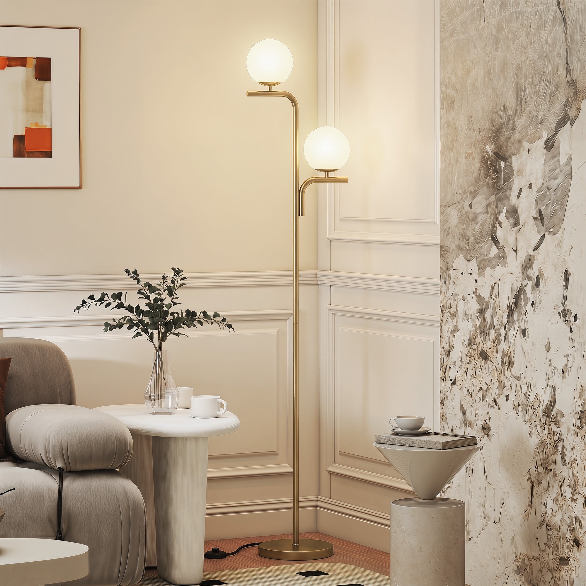 Lampadaire sur Pied Salon à Double Tête, Lampe sur Pied Moderne avec Abat-Jour en Verre Sphérique, 3 Températures de Couleur, Douille E27, Interrupteur au Pied, pour Chambre, Bureau, Doré