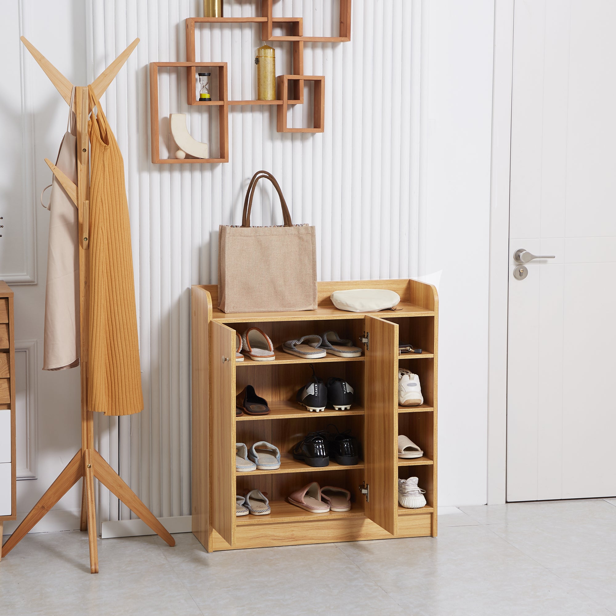 Meuble de rangement à chaussures pour entrée 12 paires - armoire à chaussures avec 4 compartiments ouverts et placard double porte - étagère réglable - 83L x 30l x 90H cm - marron