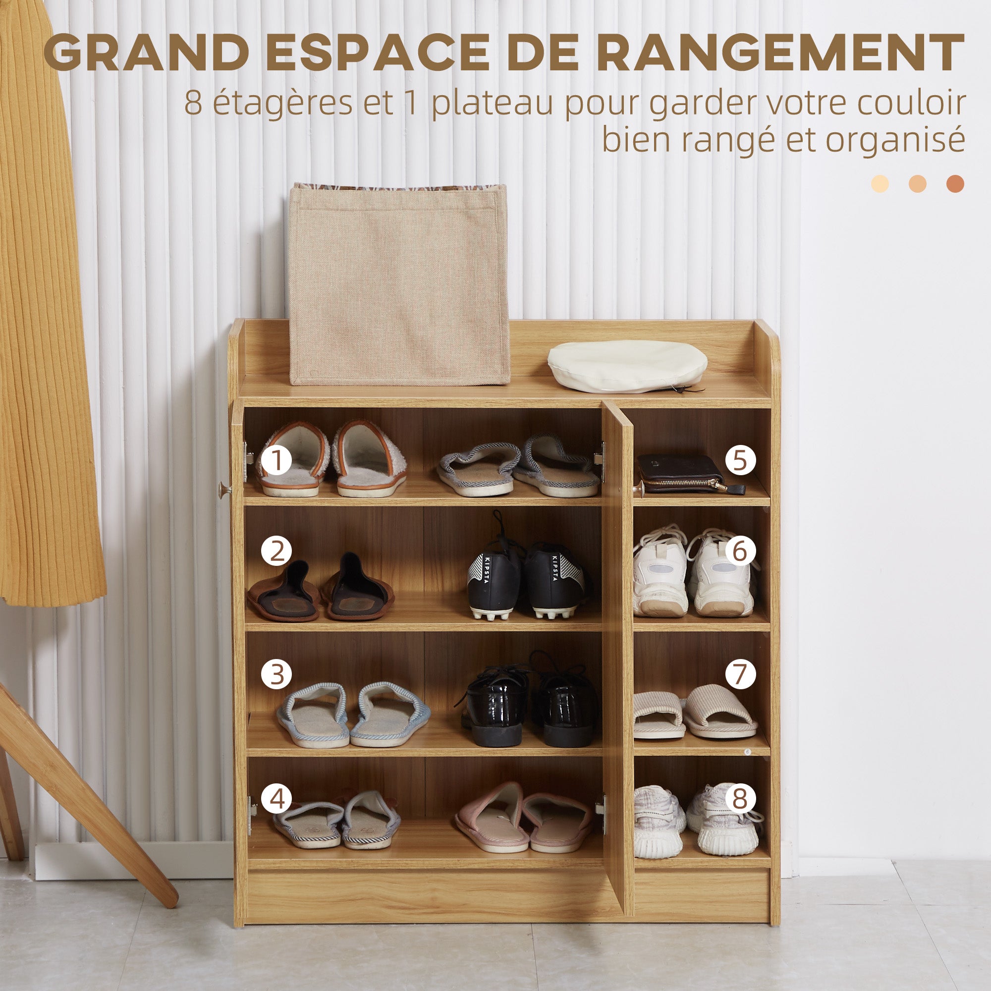 Meuble de rangement à chaussures pour entrée 12 paires - armoire à chaussures avec 4 compartiments ouverts et placard double porte - étagère réglable - 83L x 30l x 90H cm - marron