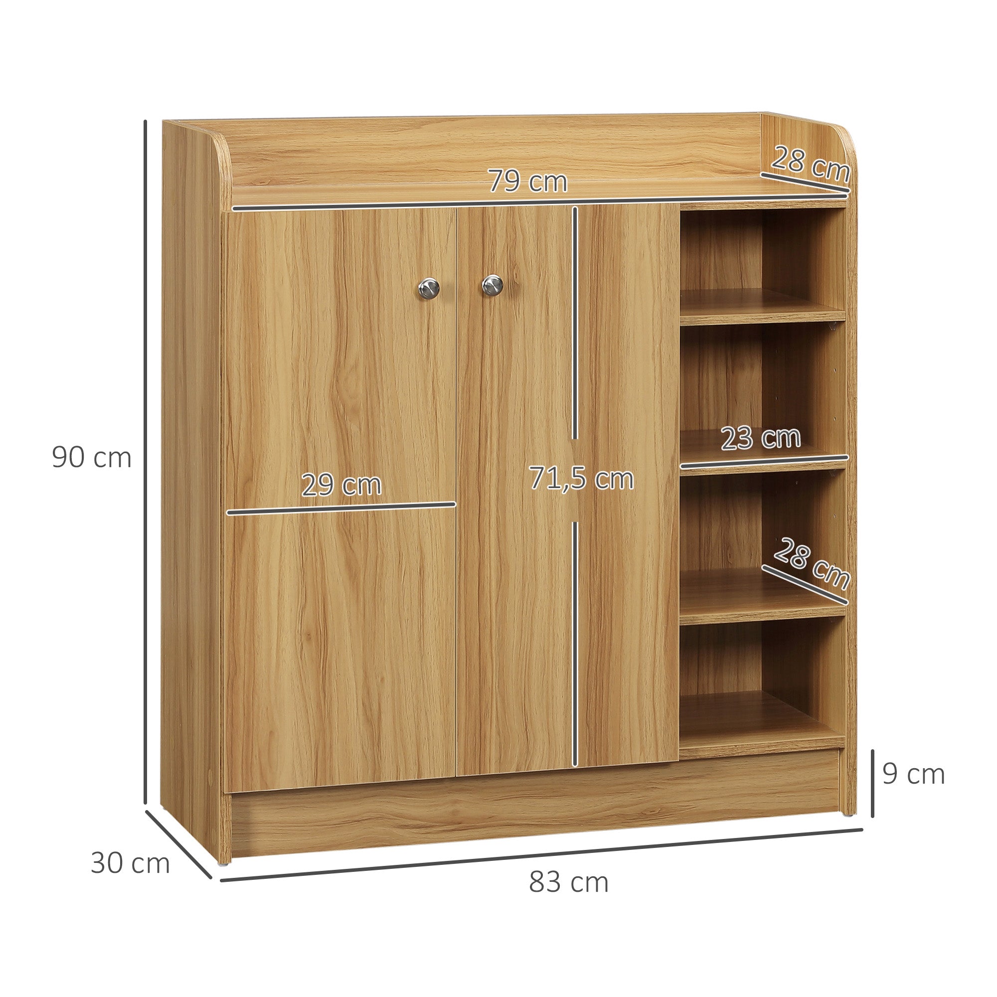 Meuble de rangement à chaussures pour entrée 12 paires - armoire à chaussures avec 4 compartiments ouverts et placard double porte - étagère réglable - 83L x 30l x 90H cm - marron
