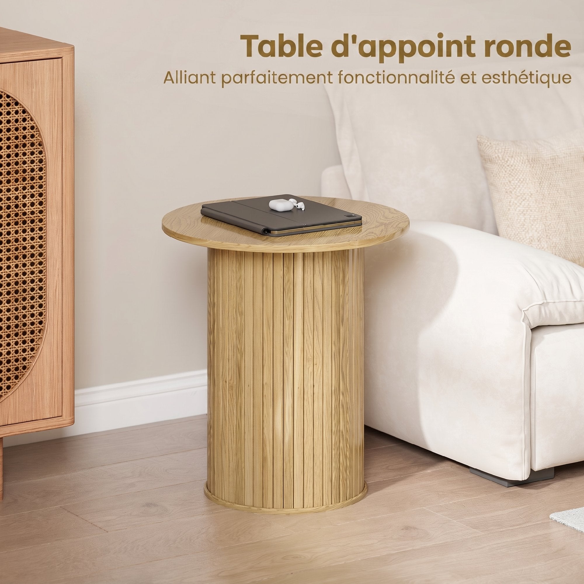 Table d'appoint ronde Ø 48 cm, table basse avec pieds cannelés, pour salon, chambre ou petit espace, chêne