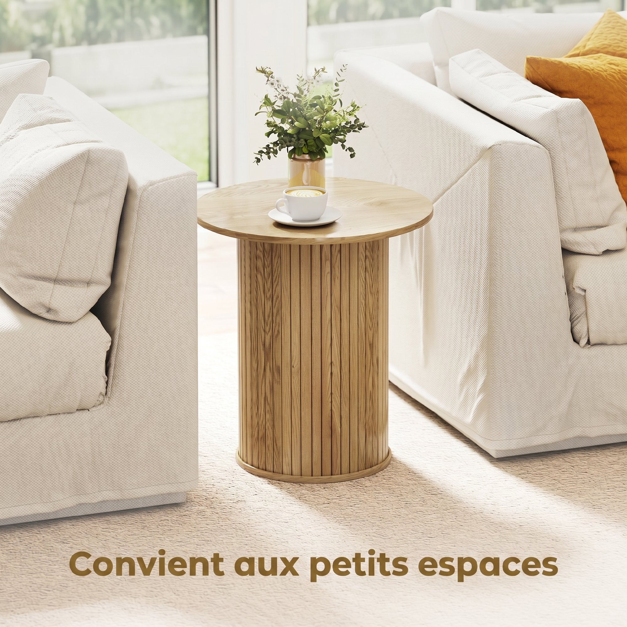 Table d'appoint ronde Ø 48 cm, table basse avec pieds cannelés, pour salon, chambre ou petit espace, chêne