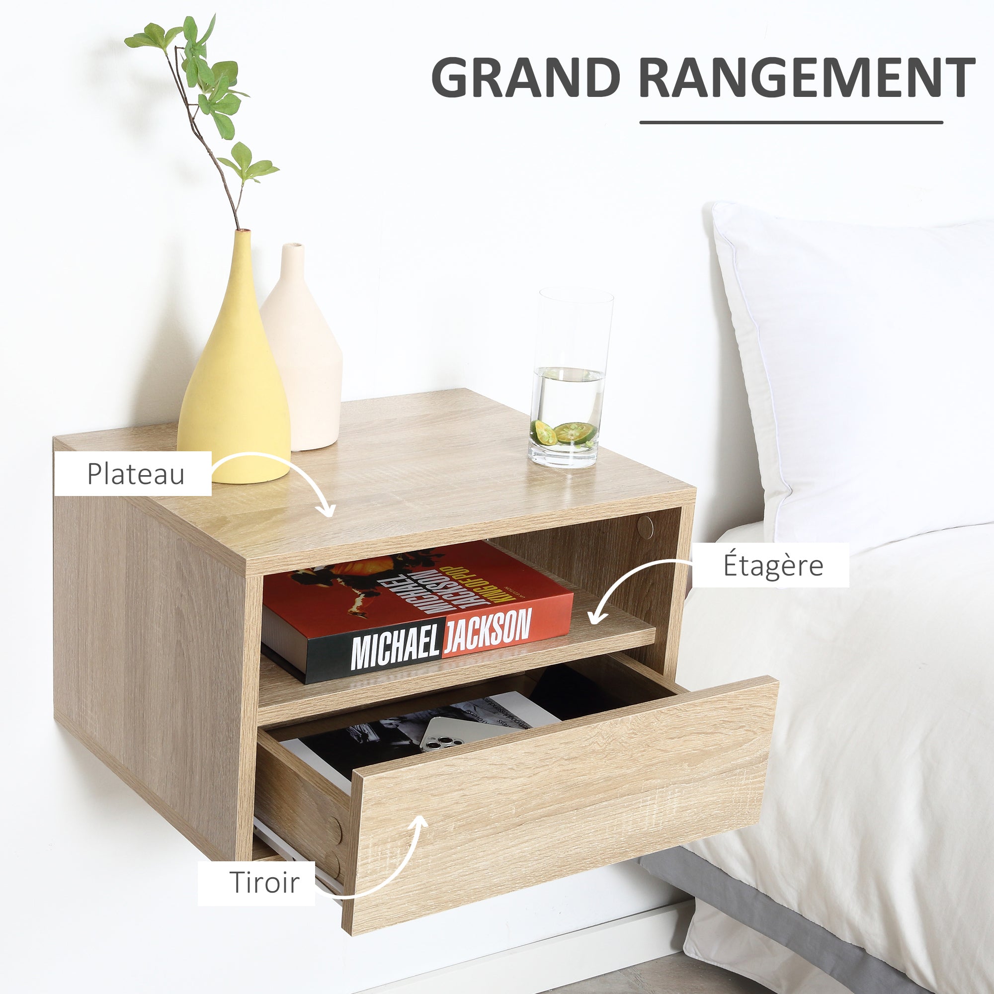 Lot de 2 Tables de Chevet murales - Lot de 2 Tables de Nuit - tiroir Coulissant, Niche, Plateau - Panneaux Particules Aspect chêne Clair