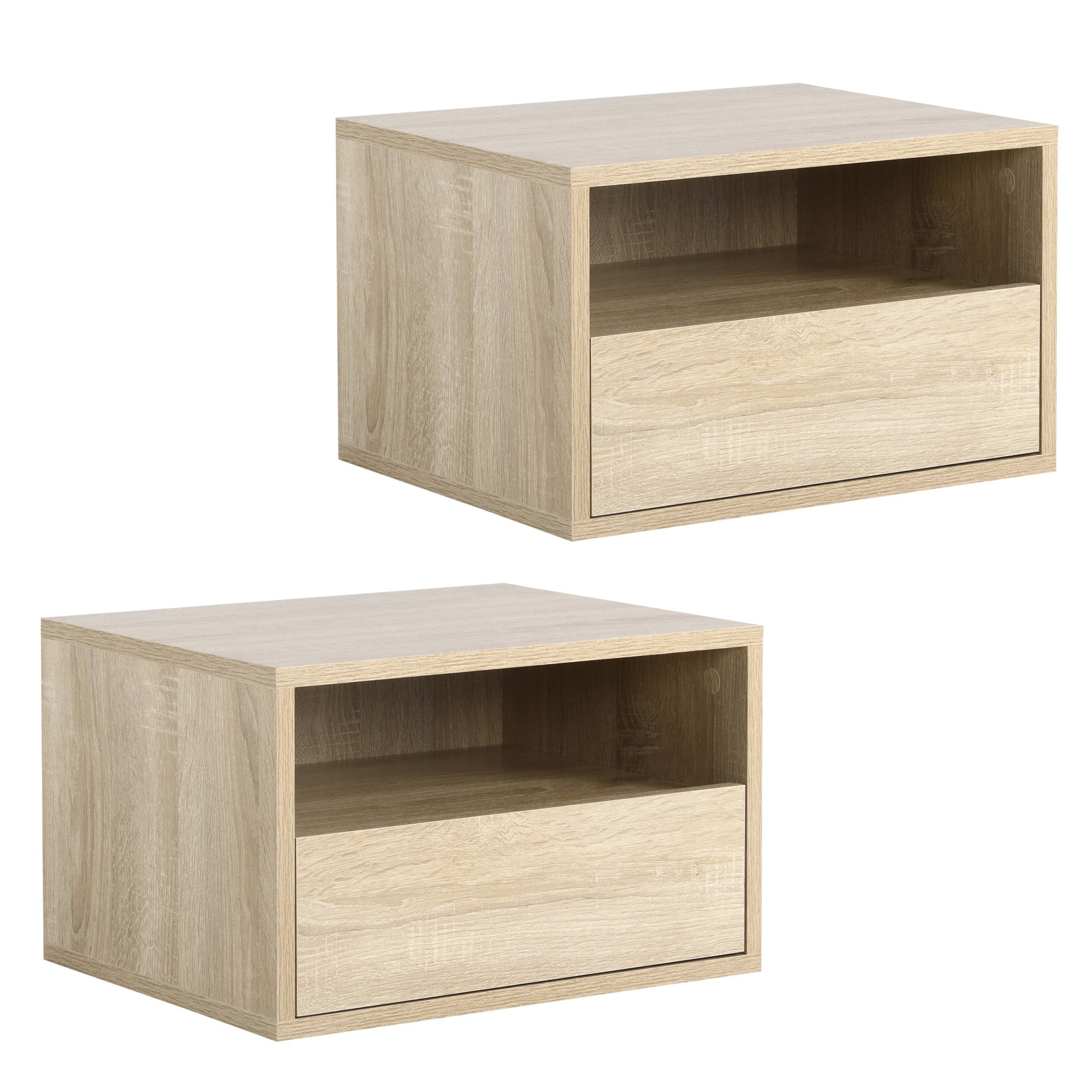 Lot de 2 Tables de Chevet murales - Lot de 2 Tables de Nuit - tiroir Coulissant, Niche, Plateau - Panneaux Particules Aspect chêne Clair