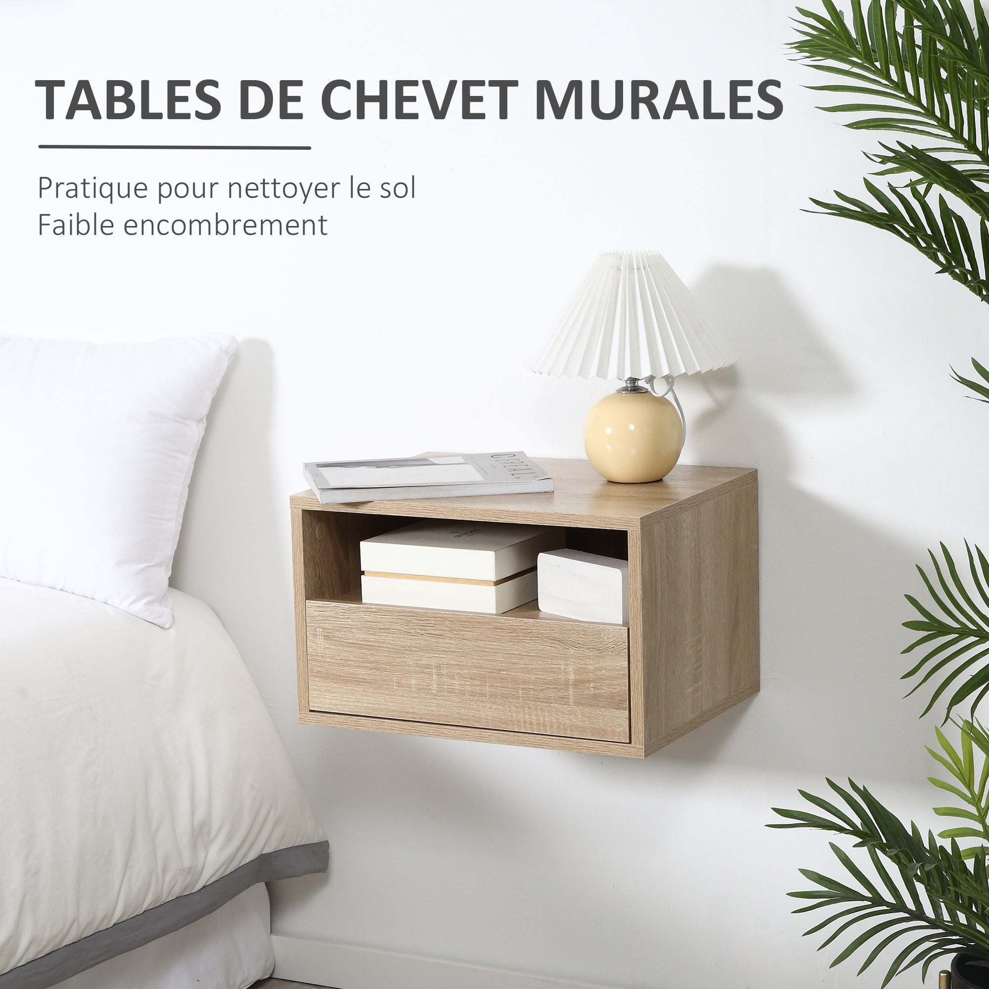 Lot de 2 Tables de Chevet murales - Lot de 2 Tables de Nuit - tiroir Coulissant, Niche, Plateau - Panneaux Particules Aspect chêne Clair