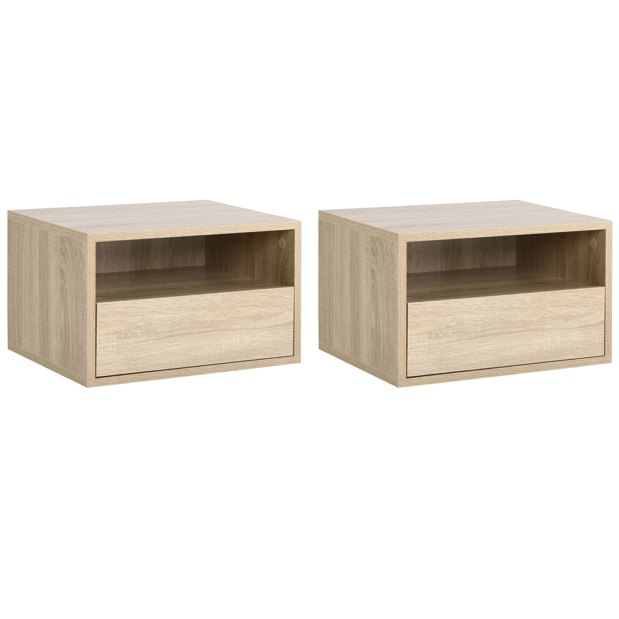 Lot de 2 Tables de Chevet murales - Lot de 2 Tables de Nuit - tiroir Coulissant, Niche, Plateau - Panneaux Particules Aspect chêne Clair