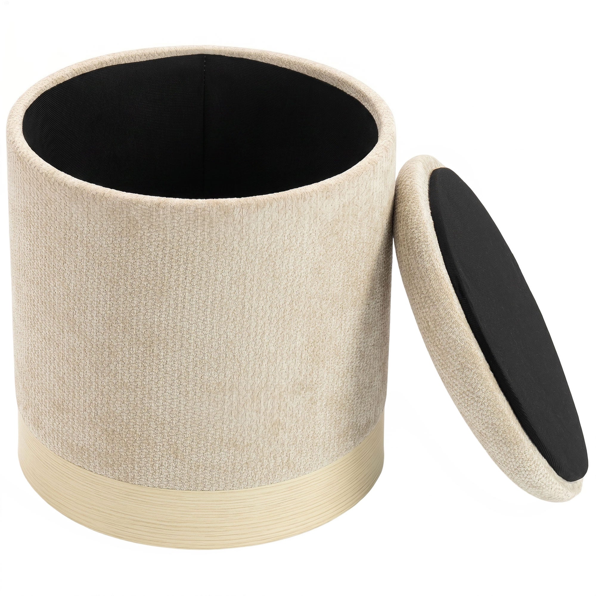 Pouf coffre rangement, tabouret rond en chenille, pouf repose-pieds avec base en métal effet bois, pour la chambre à coucher, entrée, salon, charge 120 Kg, Ø 38 x 45 cm, beige