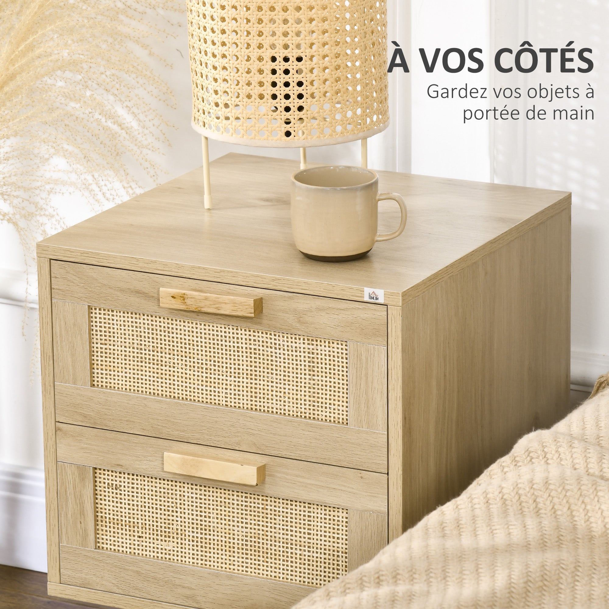 Lot de 2 tables de chevet, tables d'appoint, 2 tiroirs avec façades aspect cannage rotin, style bohème, tables de nuit, pieds en bois de pin, naturel