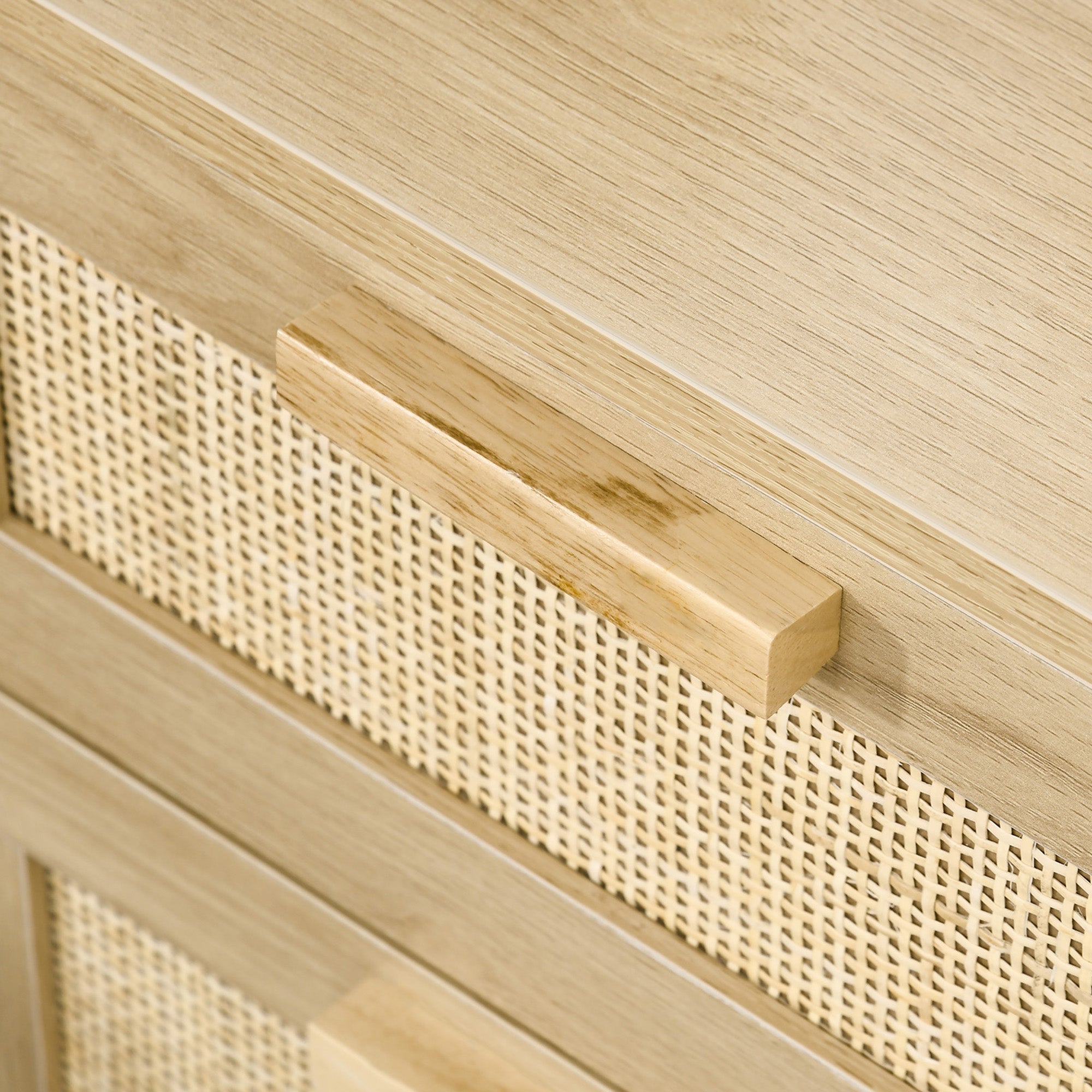 Lot de 2 tables de chevet, tables d'appoint, 2 tiroirs avec façades aspect cannage rotin, style bohème, tables de nuit, pieds en bois de pin, naturel