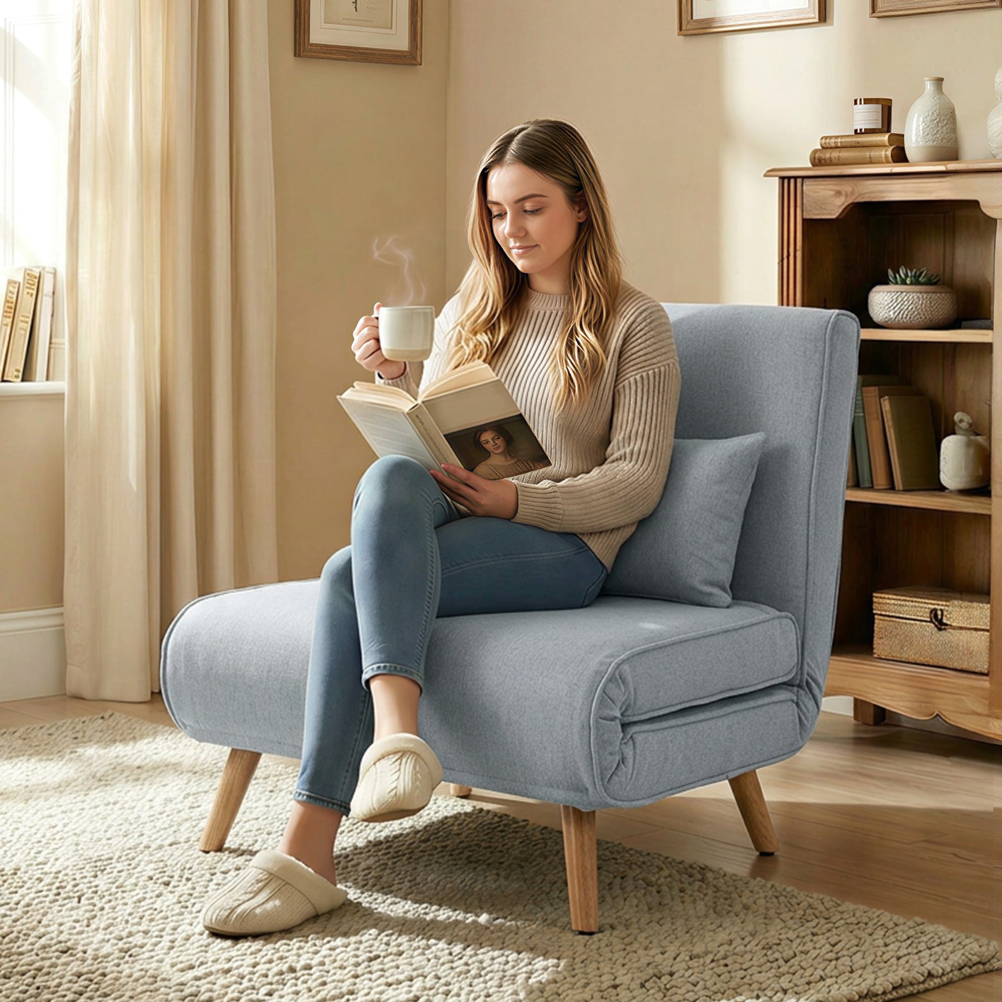 3 en 1 fauteuil convertible 1 place, fauteuil lit et chauffeuse - dossier inclinable 5 niveaux et oreiller inclus, siège rembourré - pour bureau, salon, chambre à coucher, gris clair