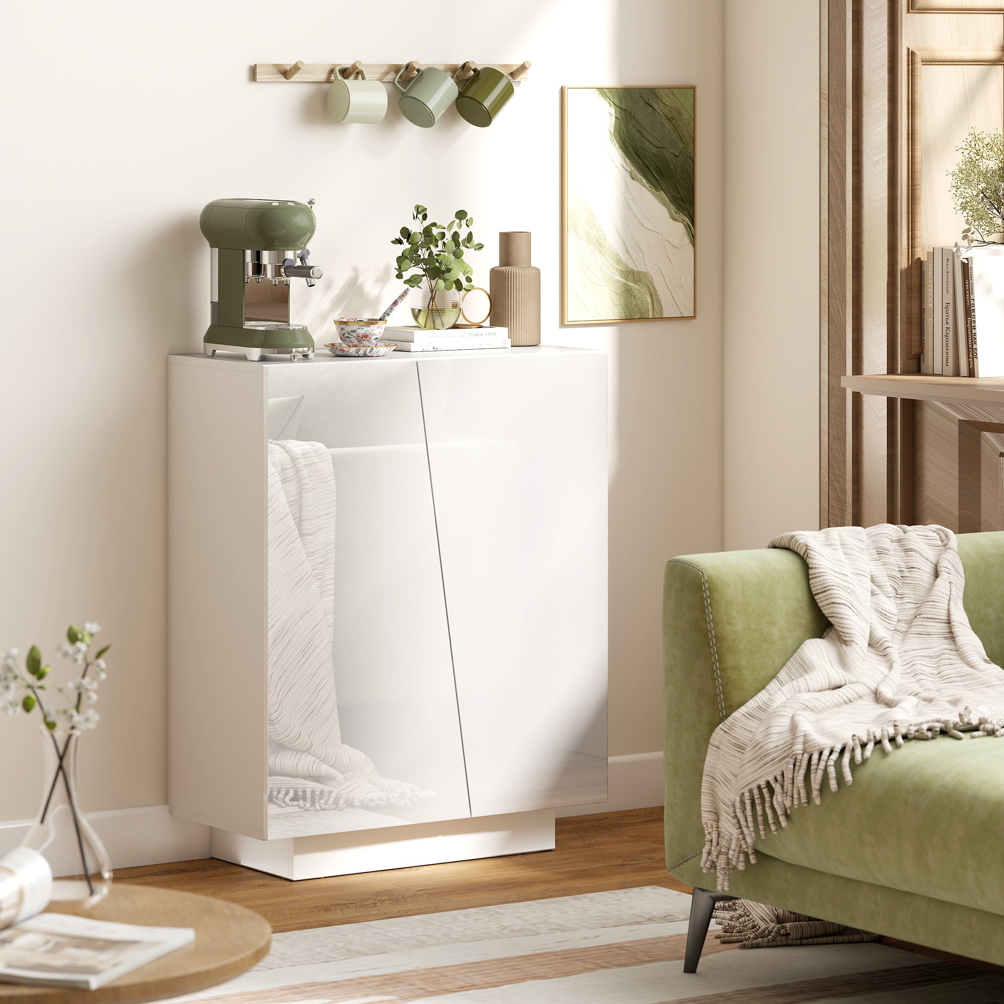 Buffet à haute brillance, meuble de rangement avec placard double porte géométrique et étagère réglable, style moderne, buffet salle à manger, cuisine et salon, 70 x 40 x 88 cm, blanc