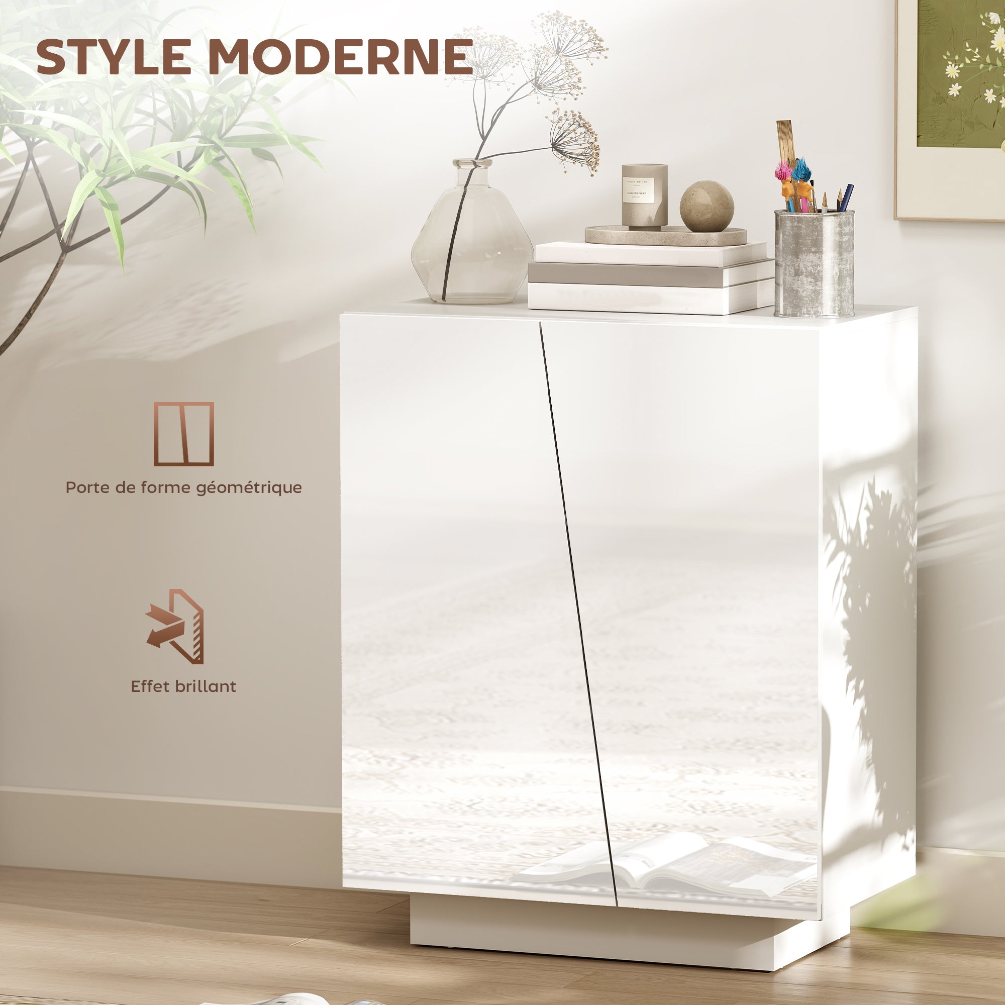 Buffet à haute brillance, meuble de rangement avec placard double porte géométrique et étagère réglable, style moderne, buffet salle à manger, cuisine et salon, 70 x 40 x 88 cm, blanc