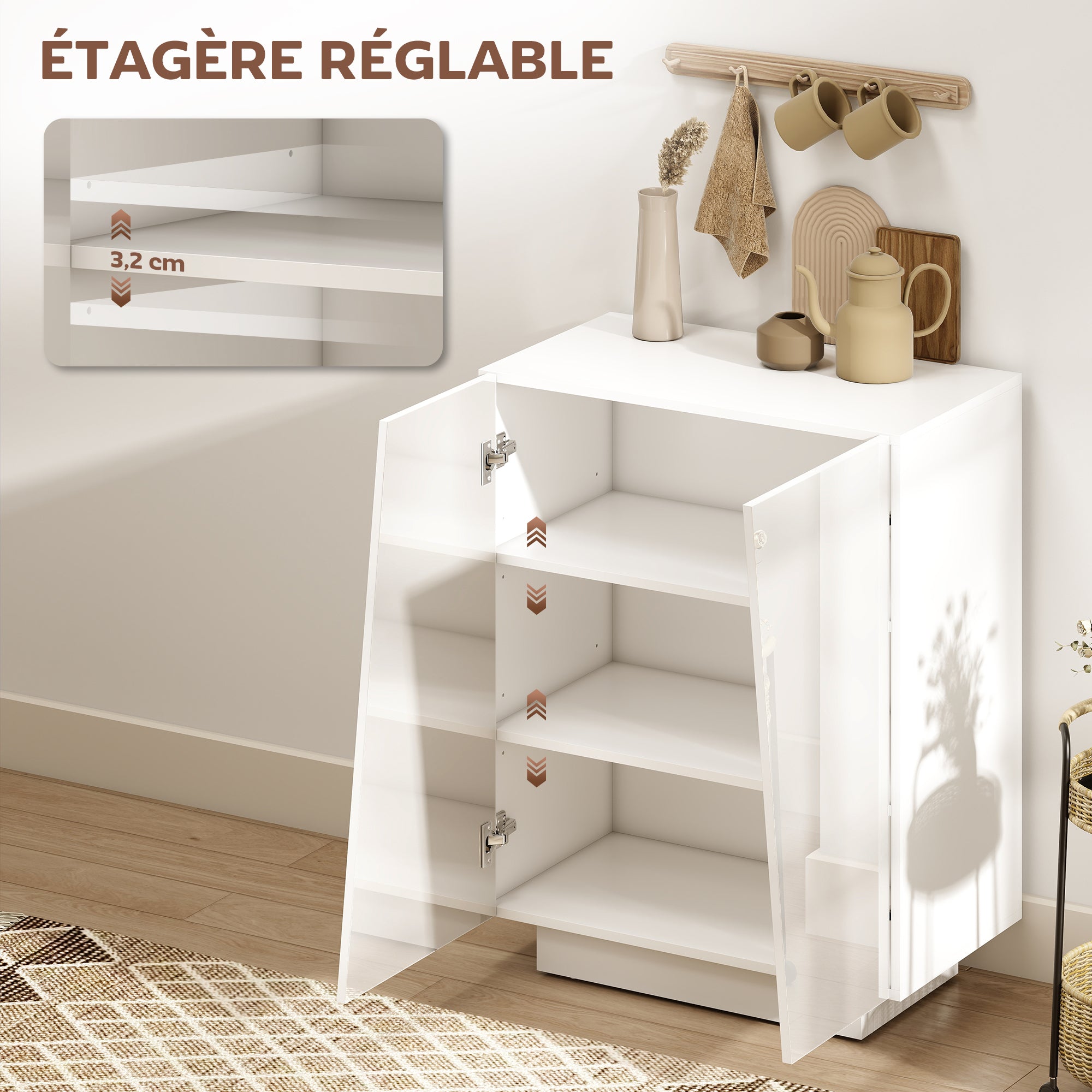 Buffet à haute brillance, meuble de rangement avec placard double porte géométrique et étagère réglable, style moderne, buffet salle à manger, cuisine et salon, 70 x 40 x 88 cm, blanc