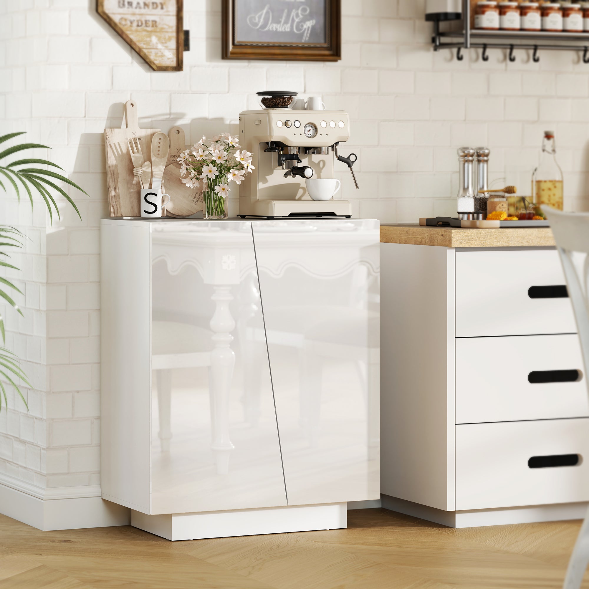 Buffet à haute brillance, meuble de rangement avec placard double porte géométrique et étagère réglable, style moderne, buffet salle à manger, cuisine et salon, 70 x 40 x 88 cm, blanc