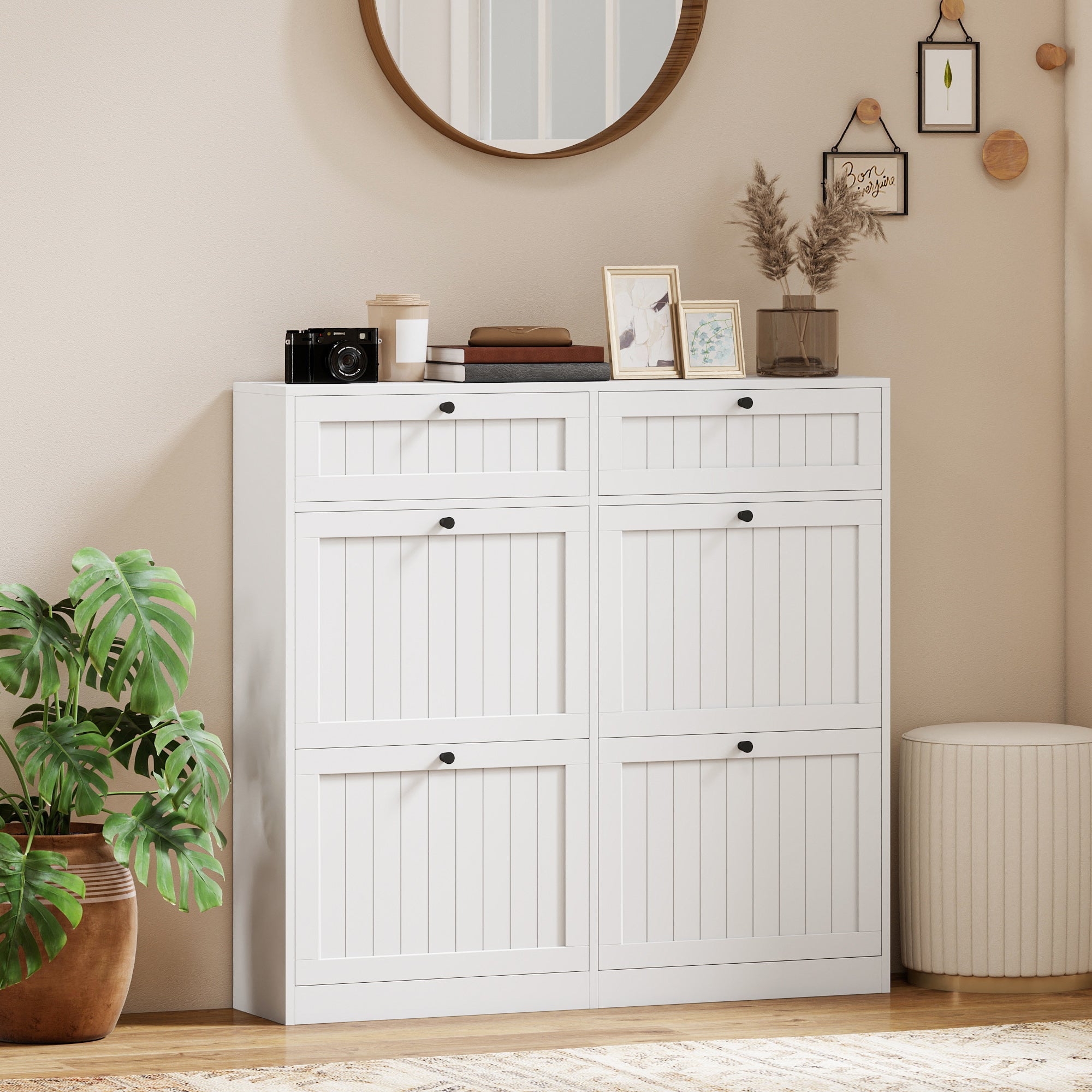 Meuble à chaussures 20 paires, armoire à chaussures étroite avec 4 tiroirs rabattables, 2 compartiments et étagères réglables, style rustique, pour couloir, entrée, 105 x 23,7 x 100 cm, blanc