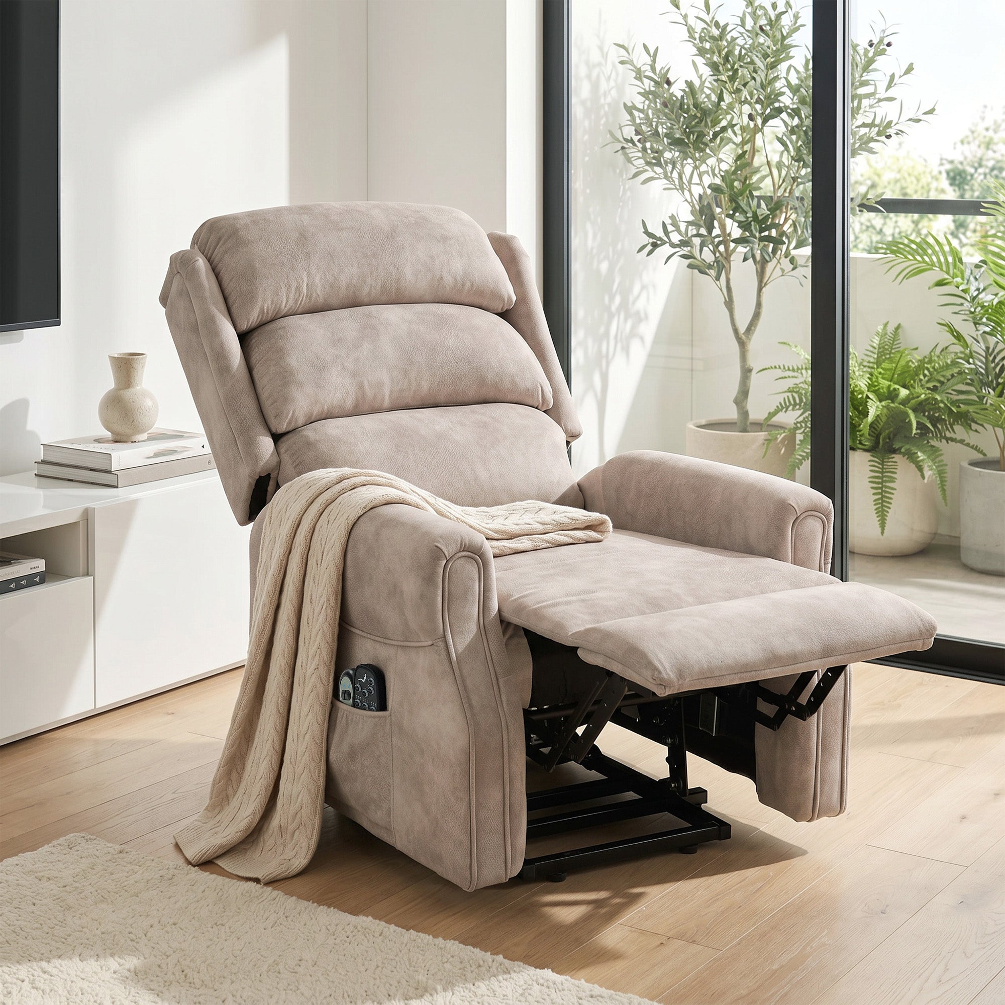 Fauteuil releveur électrique massage vibration et chaleur fauteuil relax électrique velours dossier inclinable coussin à ressorts poches latérales télécommande repose-pieds montage facile beige