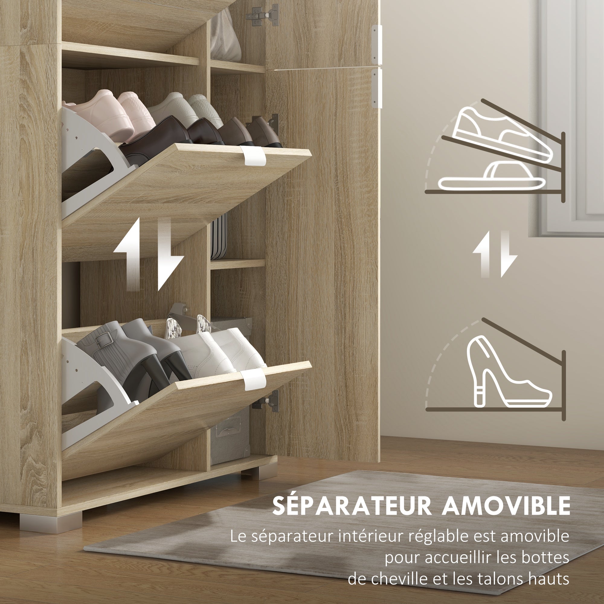 Meuble à chaussures armoire à chaussures avec 4 abattants, 2 placards et façades miroir avec étagères réglables pour 16 paires de chaussures, meuble d'entrée