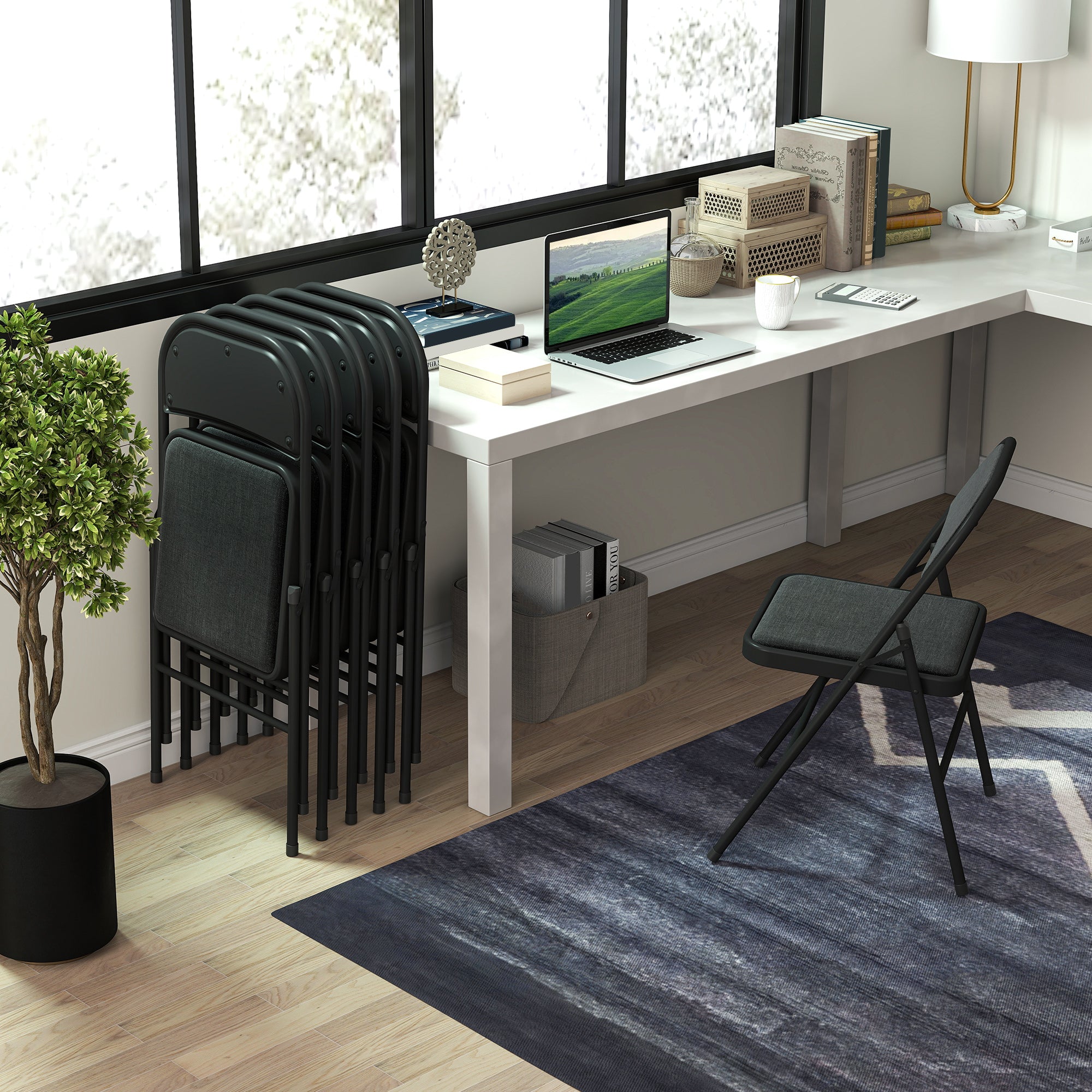 Lot de 6 chaises pliantes chaises de salle à manger portables chaise pliable d'intérieur avec coussin en lin et cadre en acier 45 x 46 x 78 cm noir