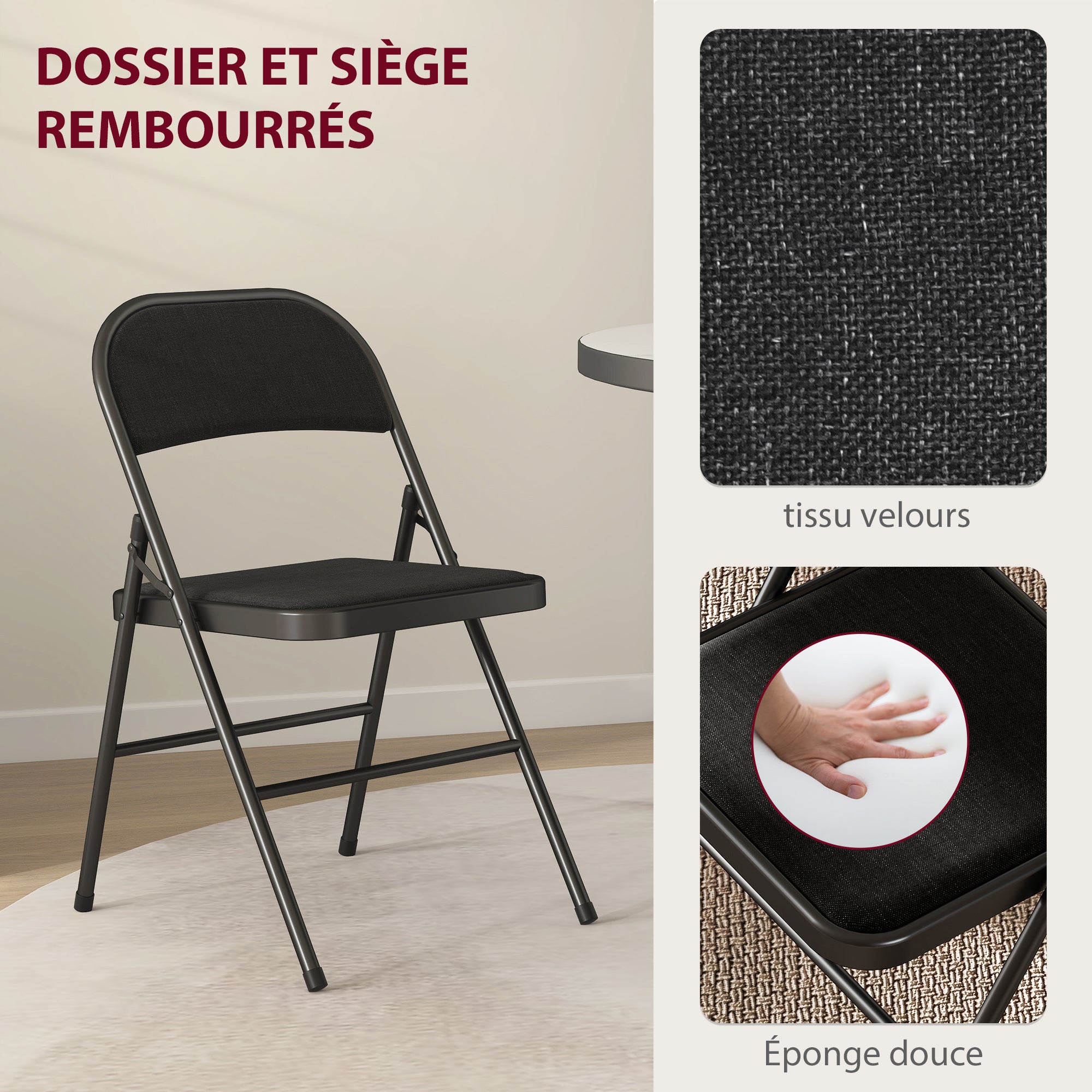 Lot de 6 chaises pliantes chaises de salle à manger portables chaise pliable d'intérieur avec coussin en lin et cadre en acier 45 x 46 x 78 cm noir