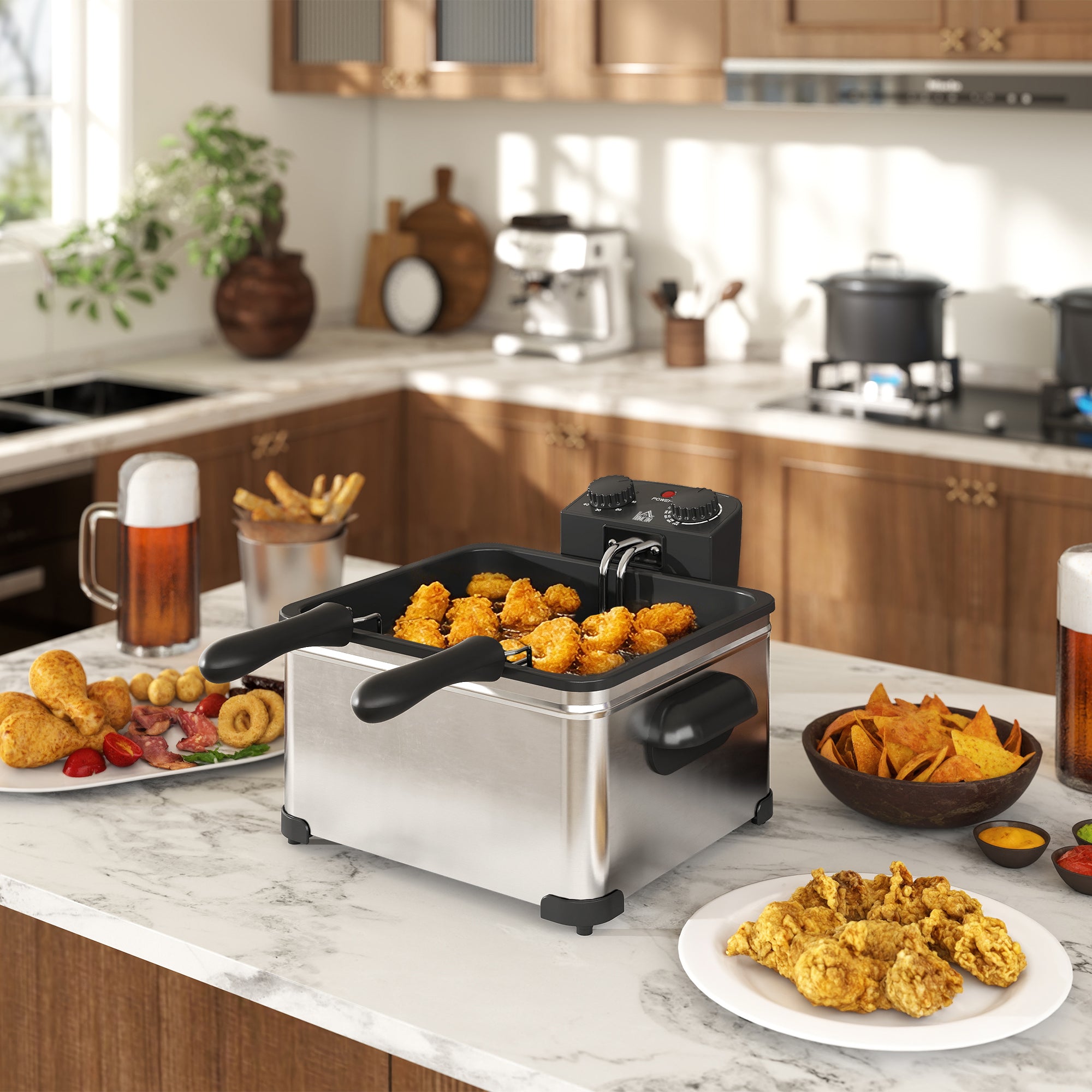 Friteuse 5 litres avec température et minuterie réglables, friteuse en acier inoxydable 2000 W avec panier à huile amovible et fenêtre de visualisation, pour frites et poulet frit