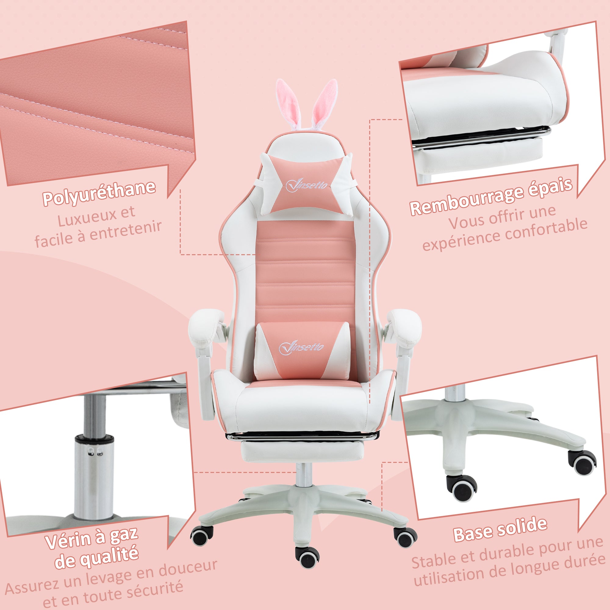 Chaise gaming fauteuil gamer fauteuil de bureau ergonomique avec support lombaire, hauteur réglable, dossier inclinable, repose-pieds, oreilles de lapin et appui-tête, rose