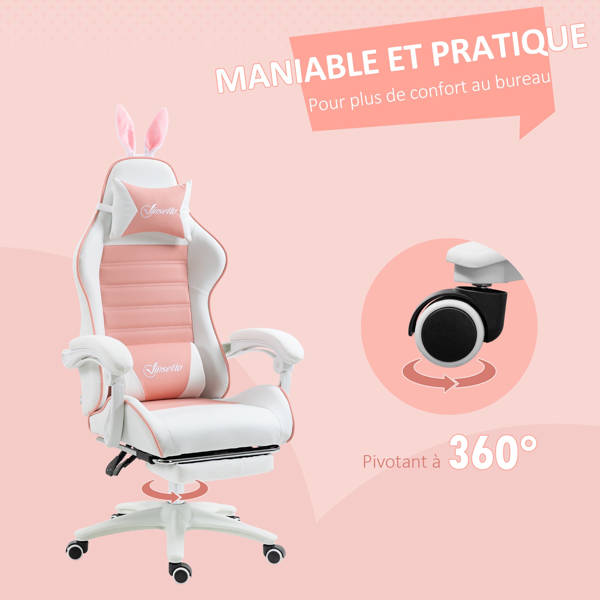 Chaise gaming fauteuil gamer fauteuil de bureau ergonomique avec support lombaire, hauteur réglable, dossier inclinable, repose-pieds, oreilles de lapin et appui-tête, rose