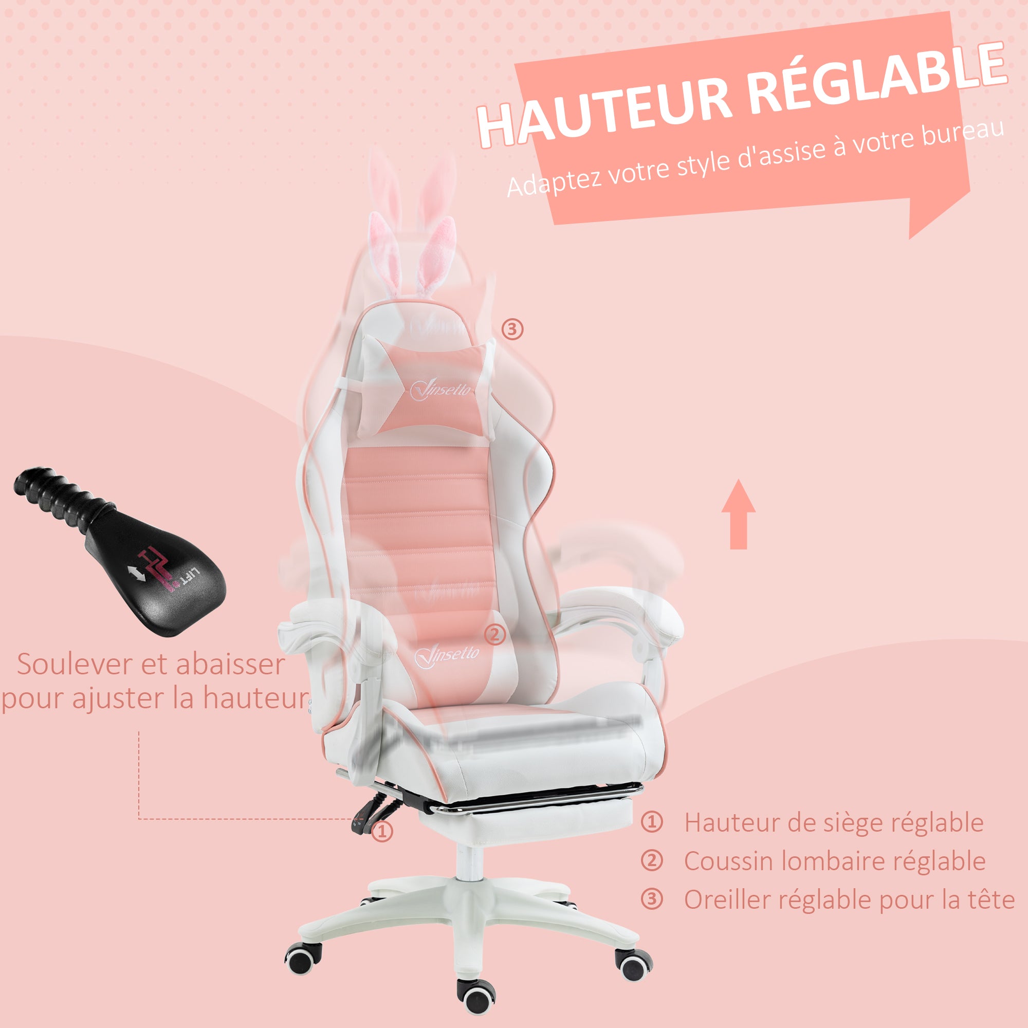 Chaise gaming fauteuil gamer fauteuil de bureau ergonomique avec support lombaire, hauteur réglable, dossier inclinable, repose-pieds, oreilles de lapin et appui-tête, rose