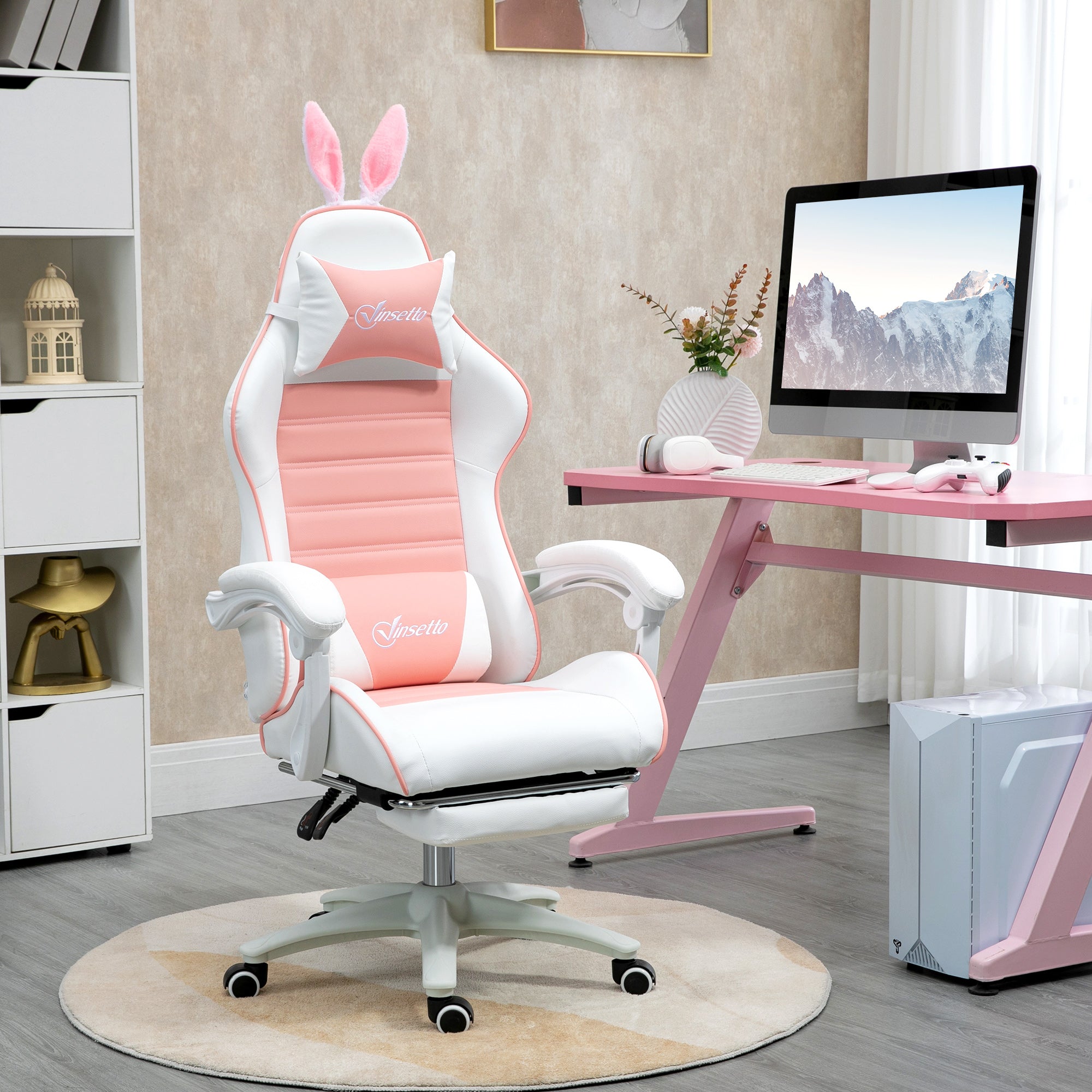 Chaise gaming fauteuil gamer fauteuil de bureau ergonomique avec support lombaire, hauteur réglable, dossier inclinable, repose-pieds, oreilles de lapin et appui-tête, rose
