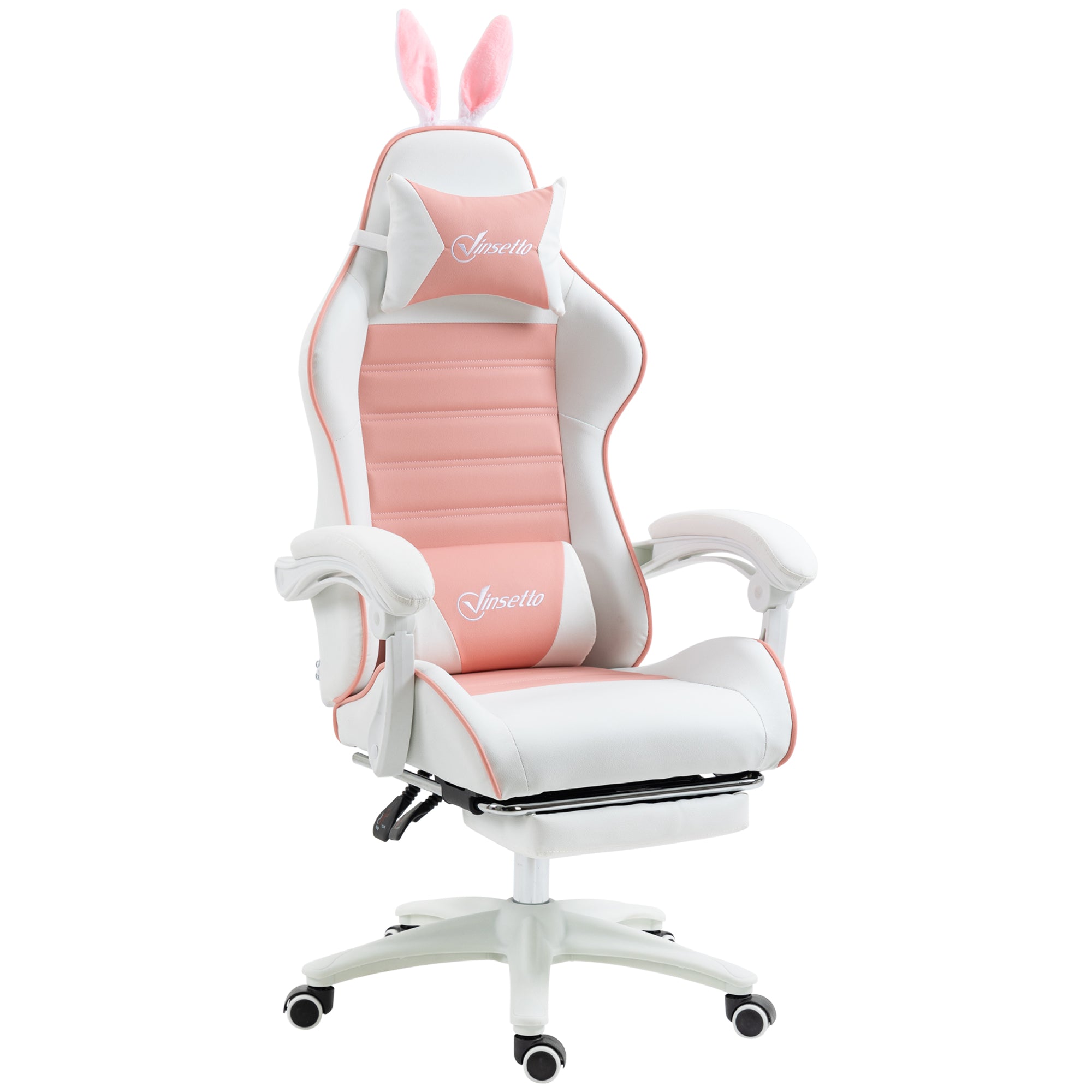 Chaise gaming fauteuil gamer fauteuil de bureau ergonomique avec support lombaire, hauteur réglable, dossier inclinable, repose-pieds, oreilles de lapin et appui-tête, rose