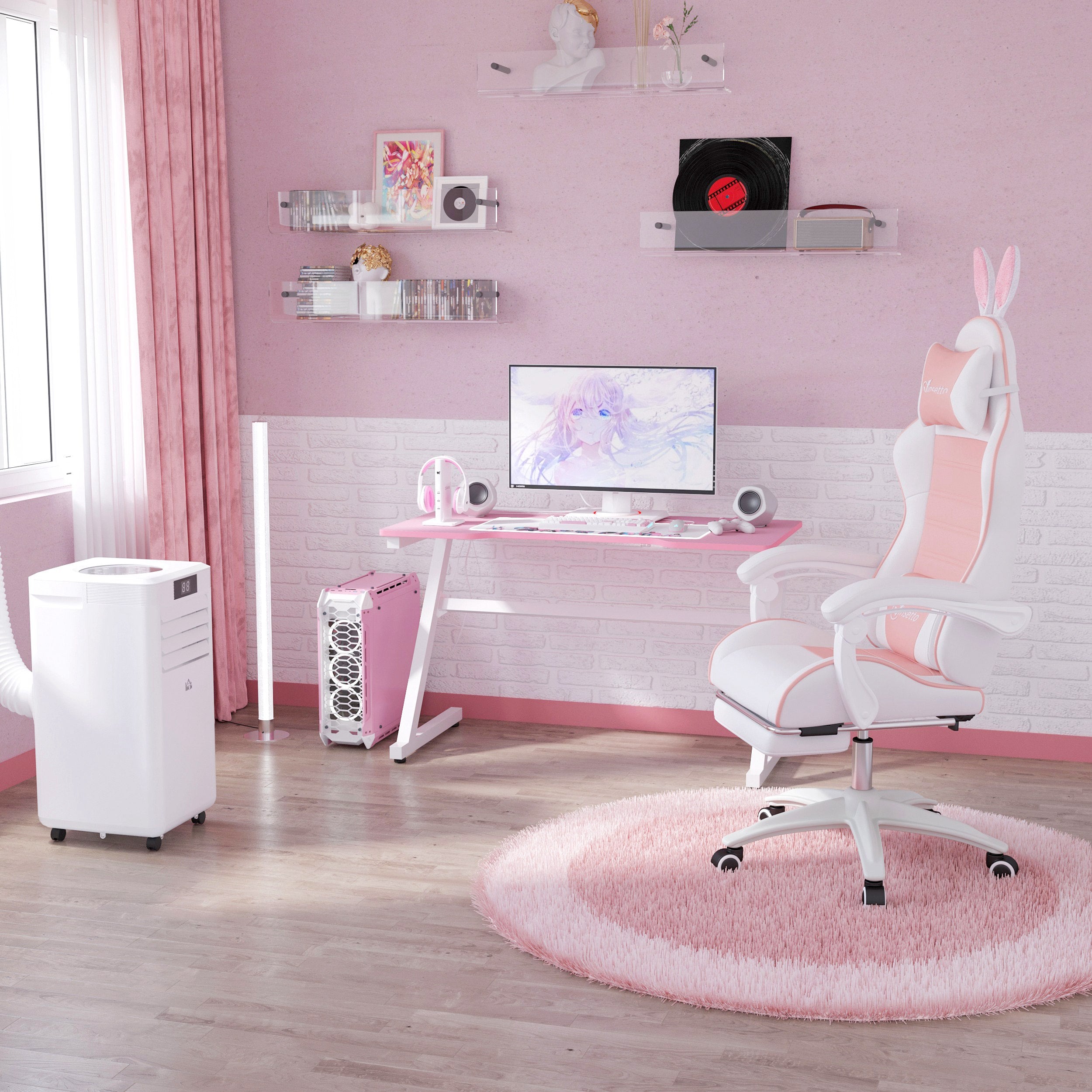 Chaise gaming fauteuil gamer fauteuil de bureau ergonomique avec support lombaire, hauteur réglable, dossier inclinable, repose-pieds, oreilles de lapin et appui-tête, rose