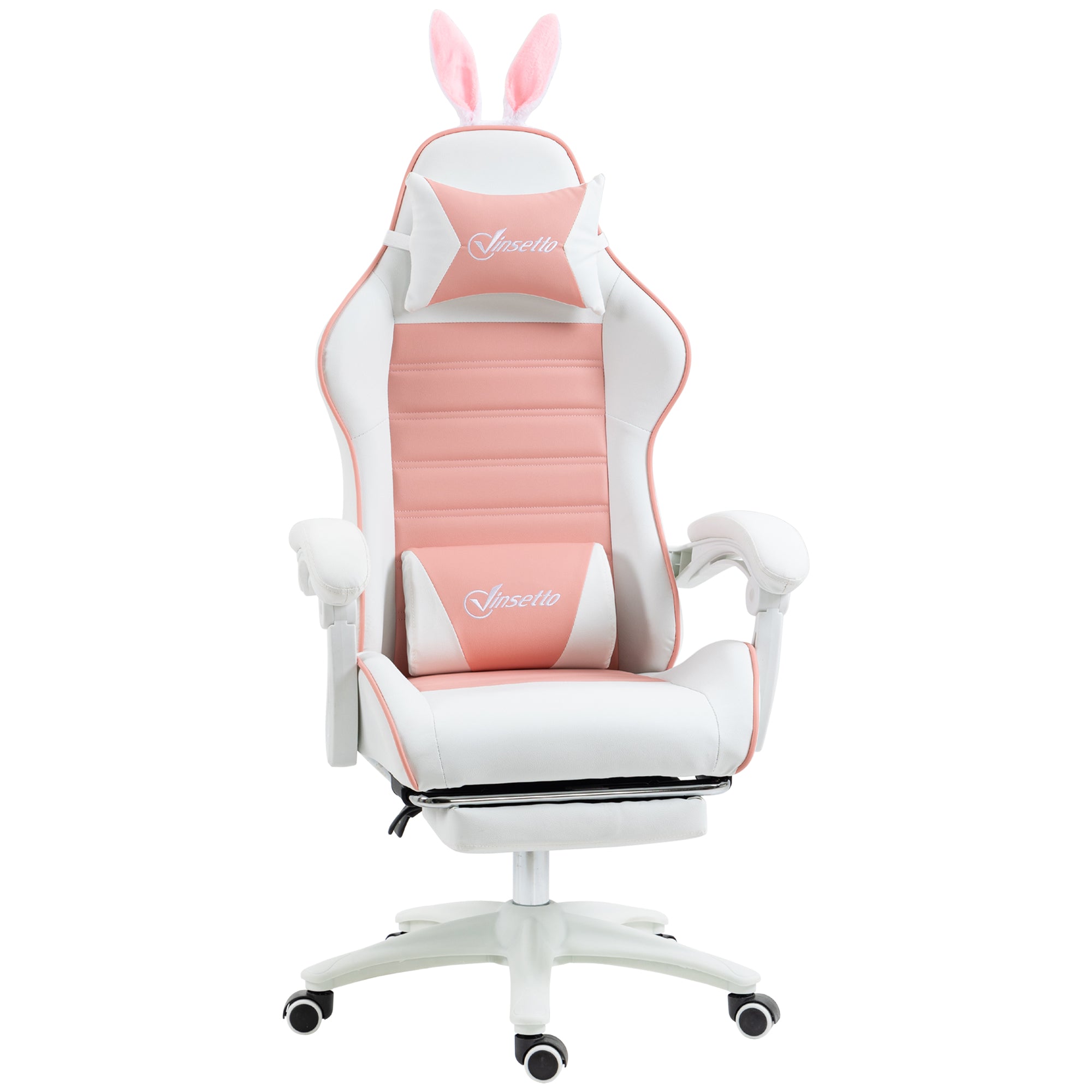 Chaise gaming fauteuil gamer fauteuil de bureau ergonomique avec support lombaire, hauteur réglable, dossier inclinable, repose-pieds, oreilles de lapin et appui-tête, rose
