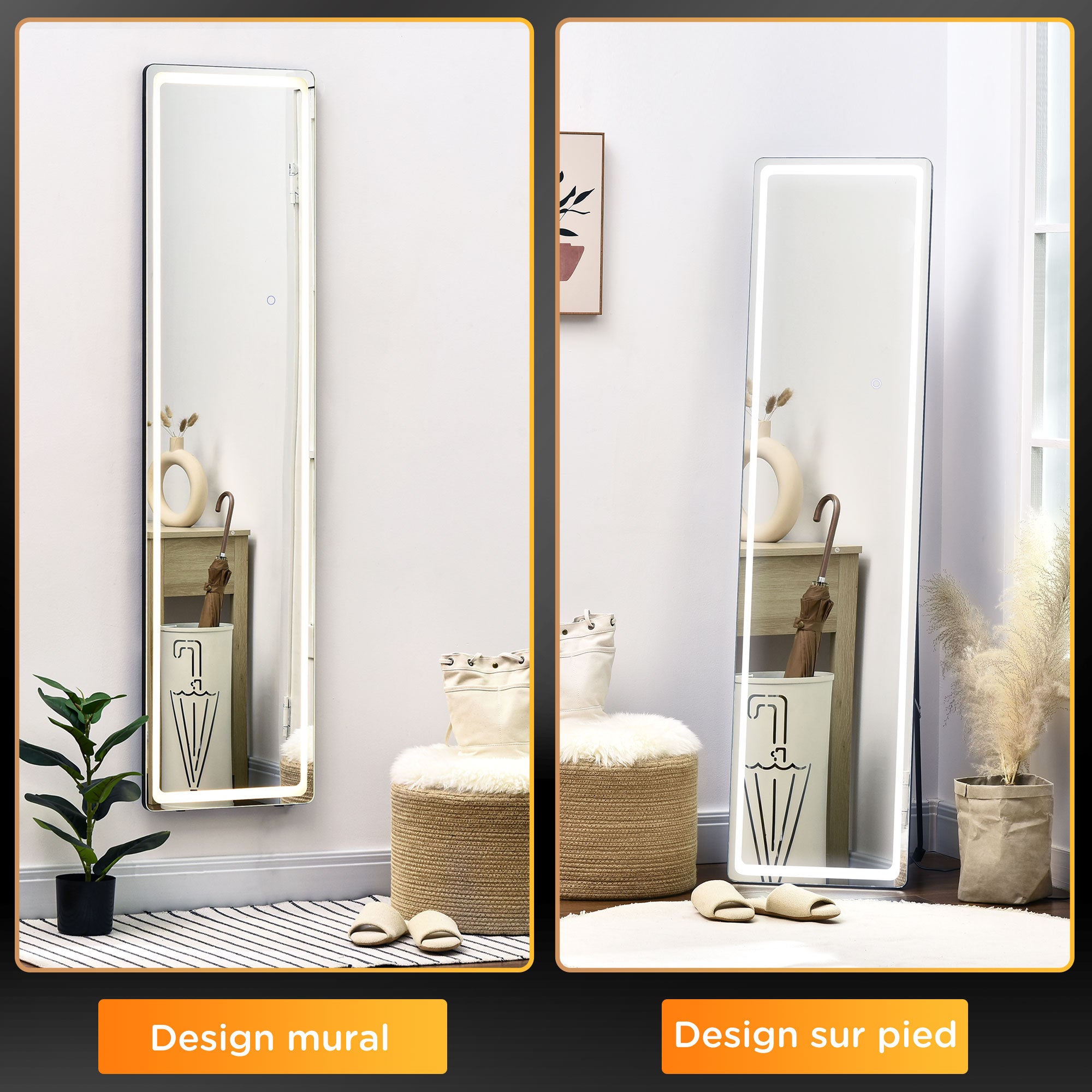 Miroir sur pied rectangulaire miroir mural lumière LED - intensité et couleur réglable avec télécommande - 40 x 37 x 157,5H cm