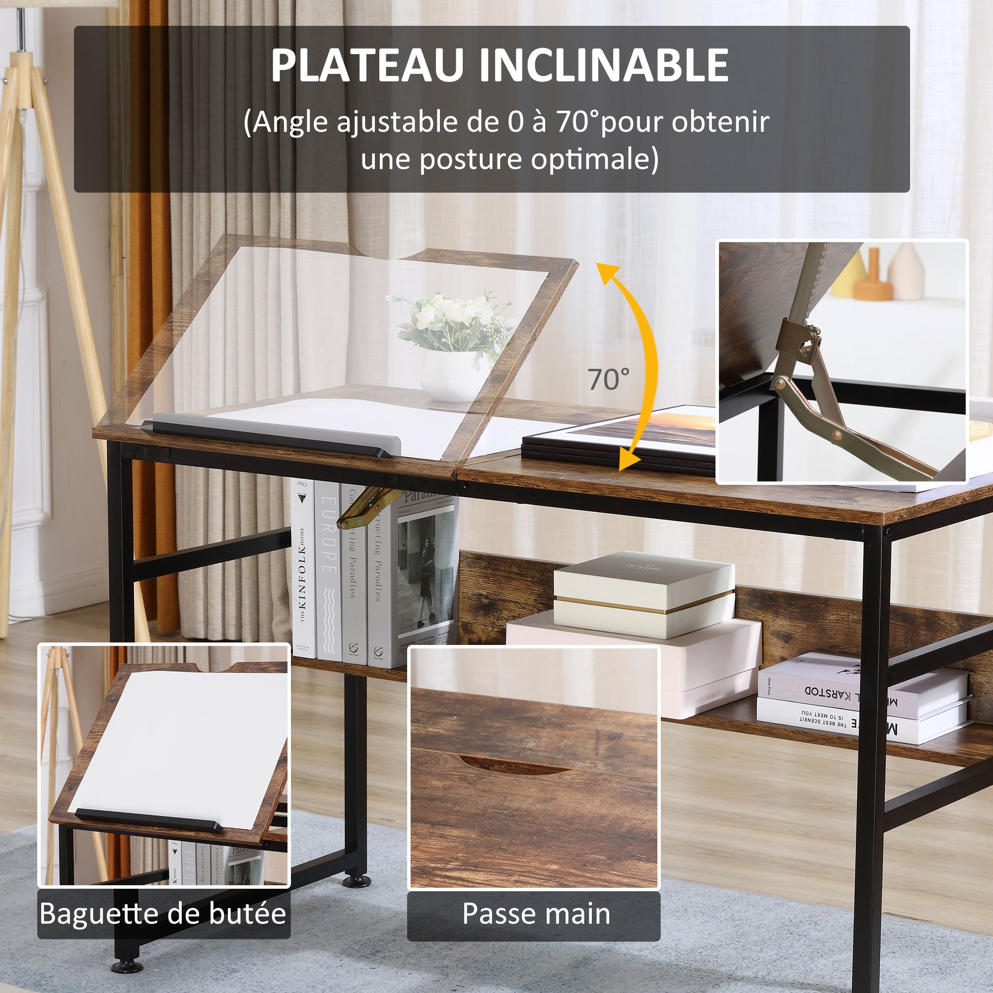 Table à dessin inclinable bureau informatique design industriel - plateau relevable, étagère - panneaux particules aspect vieux bois métal noir