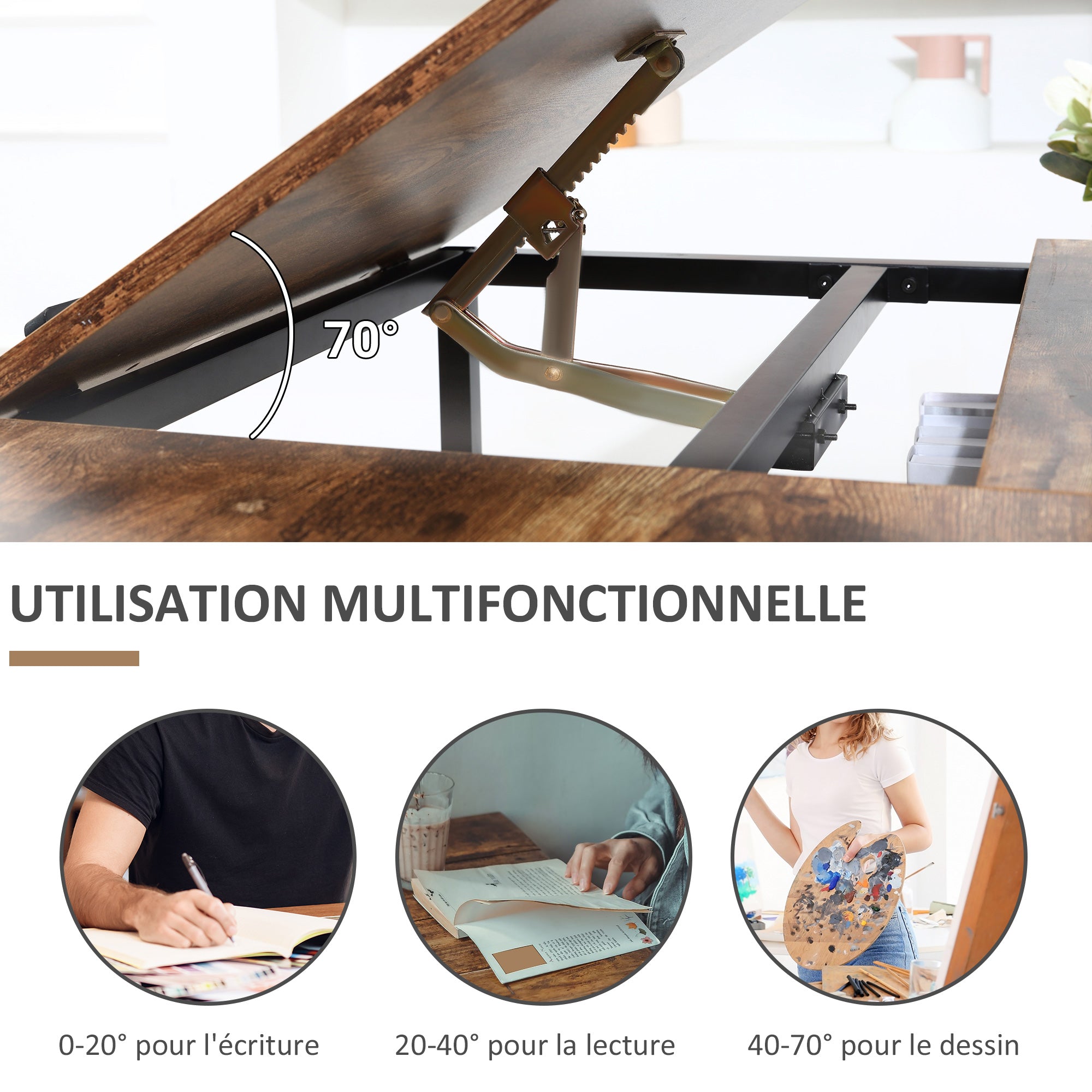 Table à dessin inclinable bureau informatique design industriel - plateau relevable, étagère - panneaux particules aspect vieux bois métal noir