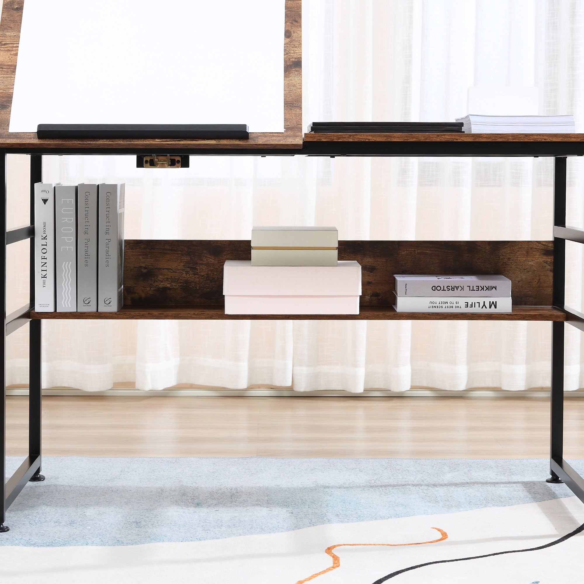 Table à dessin inclinable bureau informatique design industriel - plateau relevable, étagère - panneaux particules aspect vieux bois métal noir