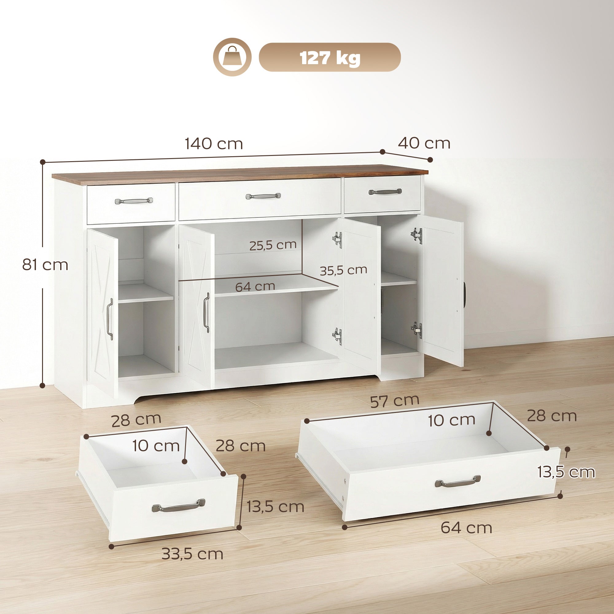 Buffet Cuisine, Meuble de Rangement avec 4 Portes de Grange, 3 Tiroirs et Étagères Réglables, Meuble TV pour Téléviseurs Jusqu'à 60 Pouces, pour Salon et Chambre, 140 x 40 x 81 cm, Blanc