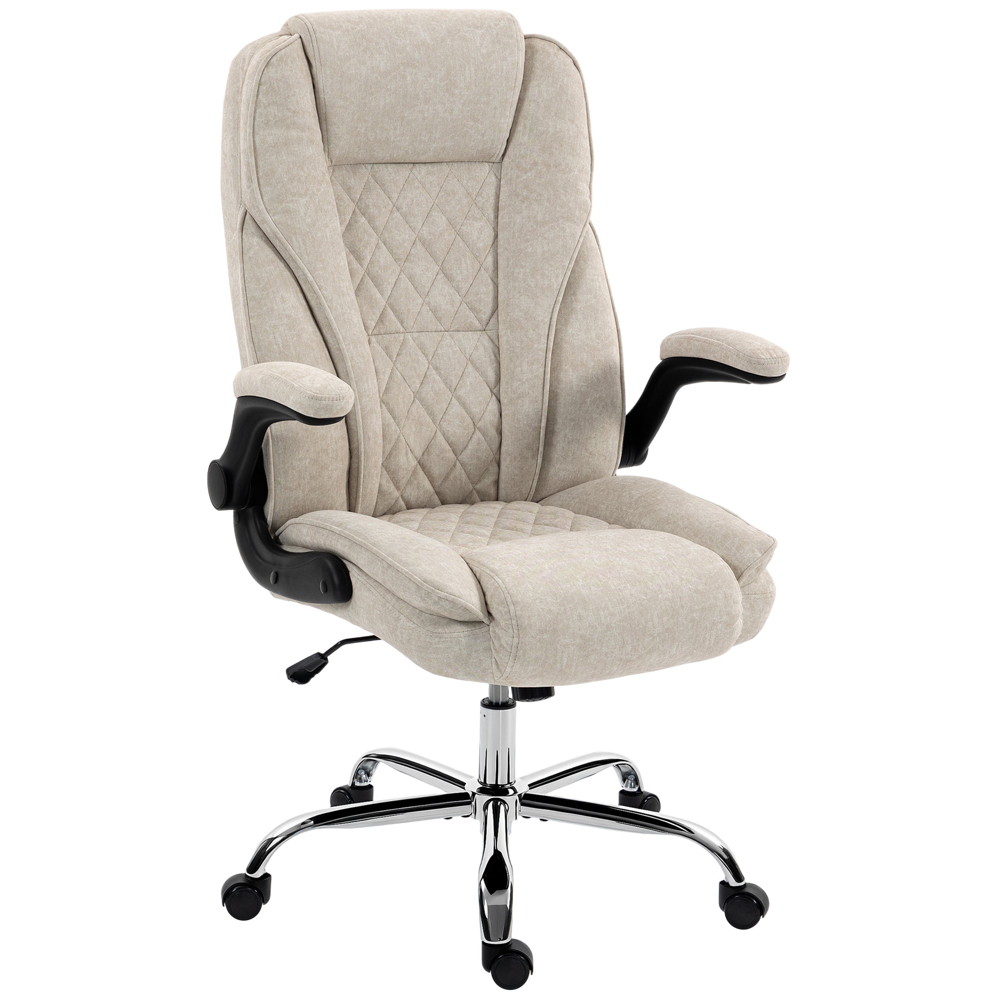 Fauteuil de bureau, chaise bureau ergonomique avec large assise rembourrée, hauteur réglable, accoudoirs relevables, dossier haut, pivotant 360°, tissu en velours, charge 120 Kg, beige