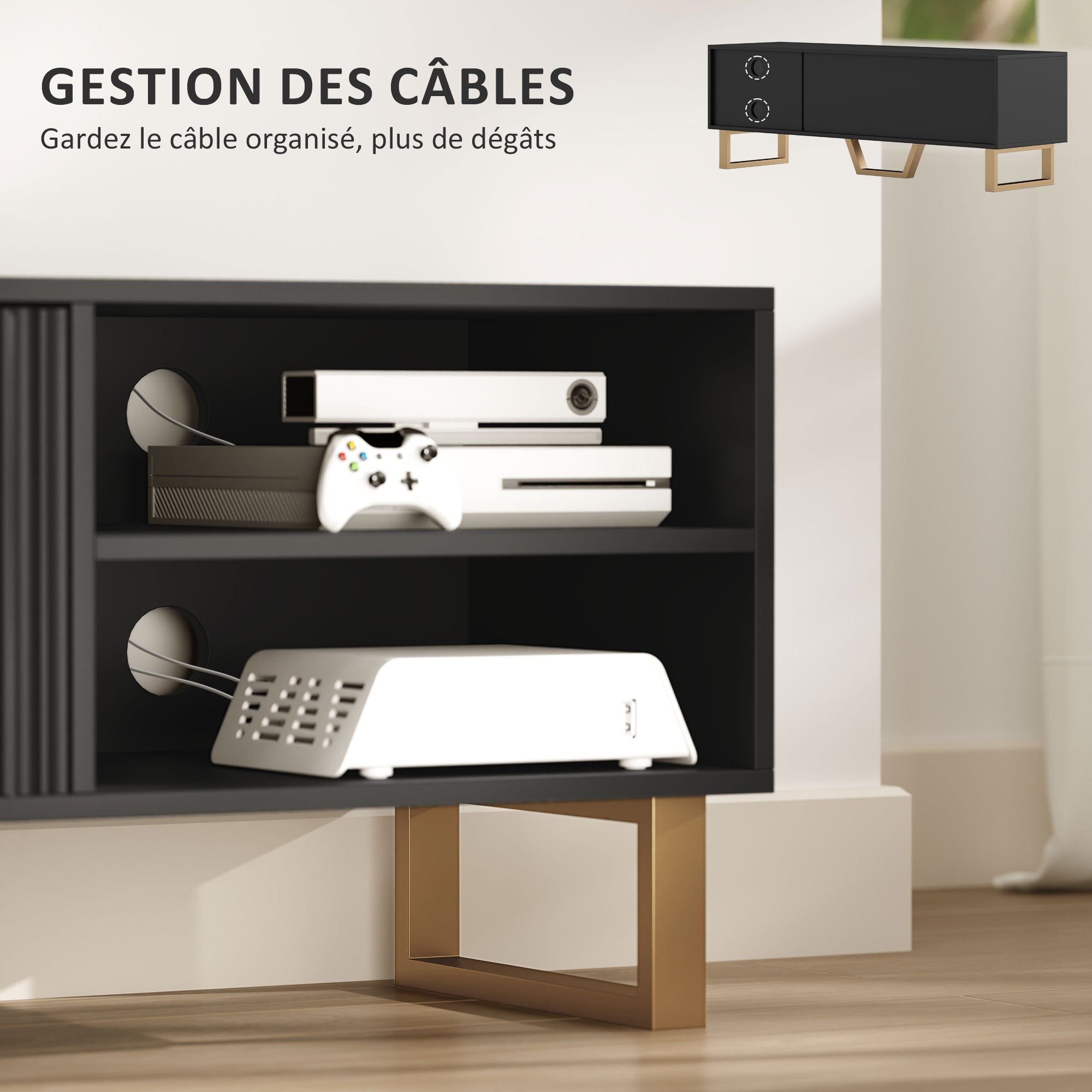 Meuble TV meuble télé bois banc TV pour téléviseur jusqu'à 70 pouces avec placard à 2 portes cannelées, compartiment ouvert et passe-câbles, pour salon chambre à coucher, 140 x 39 x 47 cm, noir