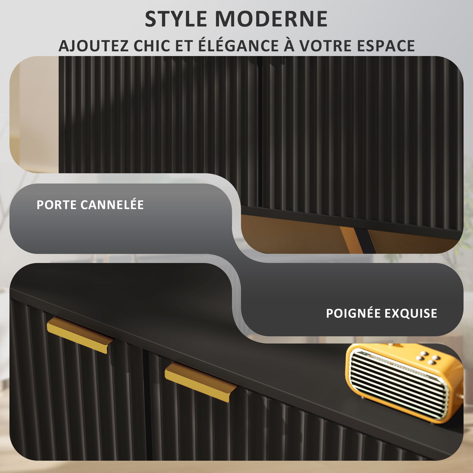 Meuble TV meuble télé bois banc TV pour téléviseur jusqu'à 70 pouces avec placard à 2 portes cannelées, compartiment ouvert et passe-câbles, pour salon chambre à coucher, 140 x 39 x 47 cm, noir